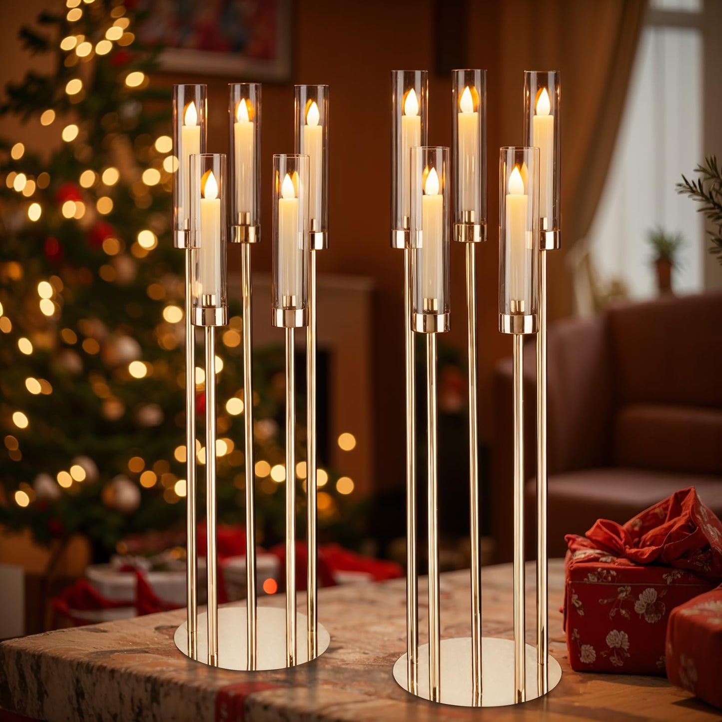 Dyna-Living Gold Candelabra 4 Set 34.6'' Tall Candelabras Centerpieces for Tables, 5 Arm Candle Holders Centerpiece with Acrylic Lampshade, Gold Candelabras Floor Stands for Wedding Party Home
