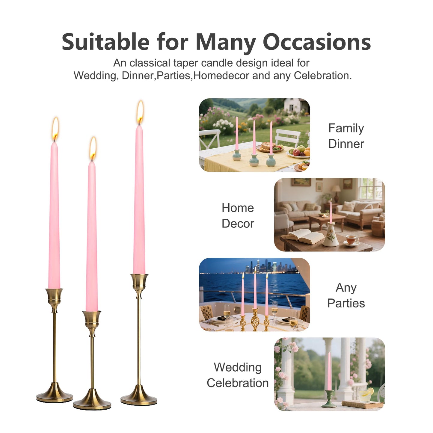 8 Pack 10 Inch Pink Taper Candles Long Burning Time and Dripless for Dinner Home Decor Wedding Shower