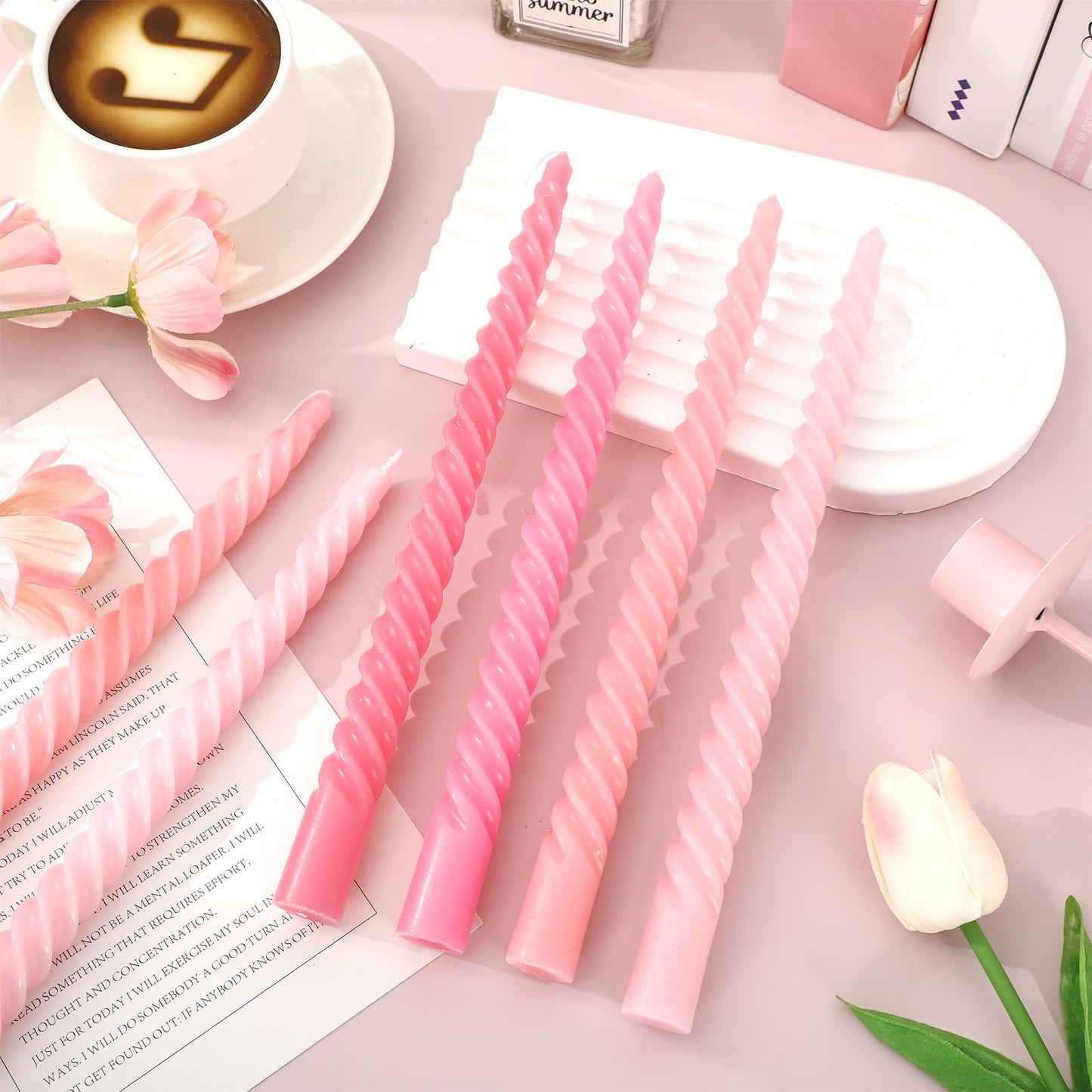 Whaline 8 Pcs 10 Inch Gradient Pink Spiral Taper Candles Dripless Twisted Wax Candles Long Unscented Candle Sticks for Valentine's Day Wedding Party Home Dining Table Decor