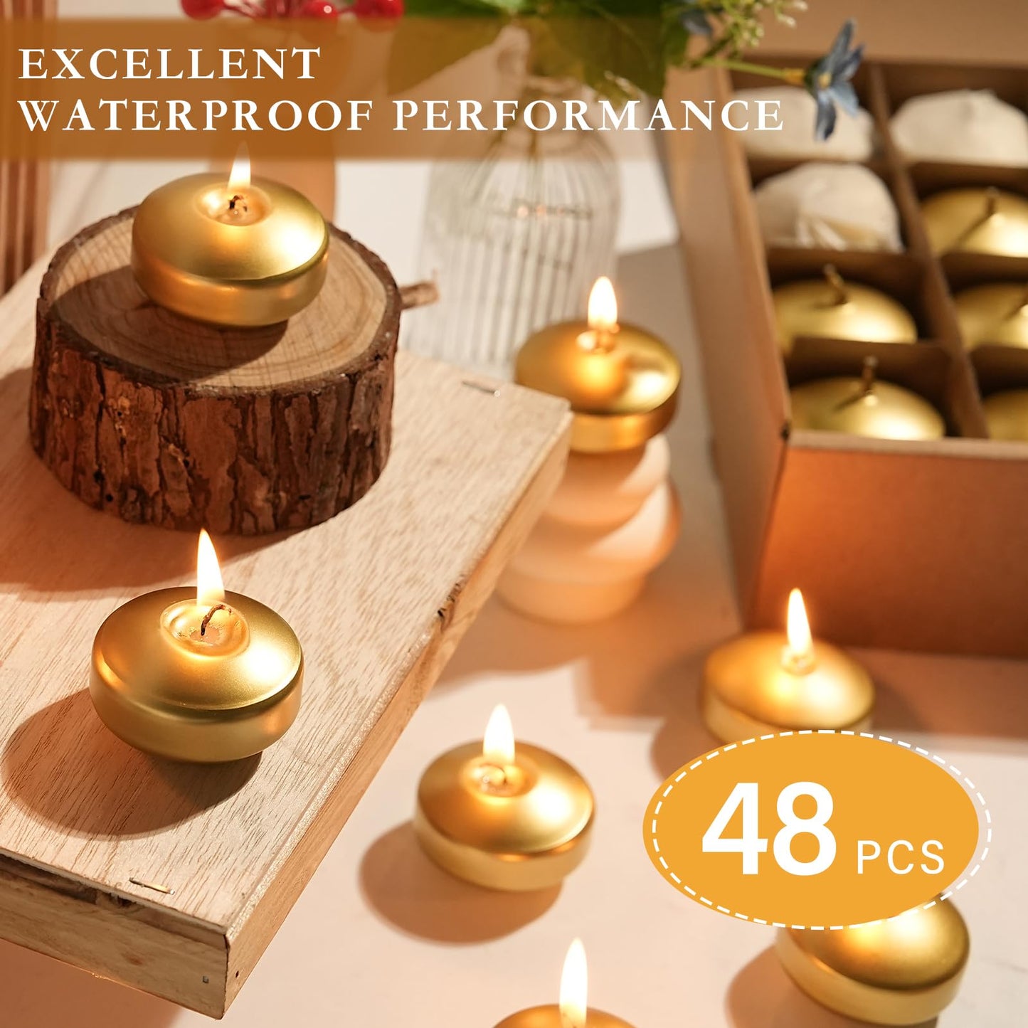 GINITIRI 2 inch Gold Floating Candles, 48 Pack Unscented Floating Candles for Centerpieces,5-6 Hours Water Activated Candle Bulk for Cylinder Vases Wedding Pool