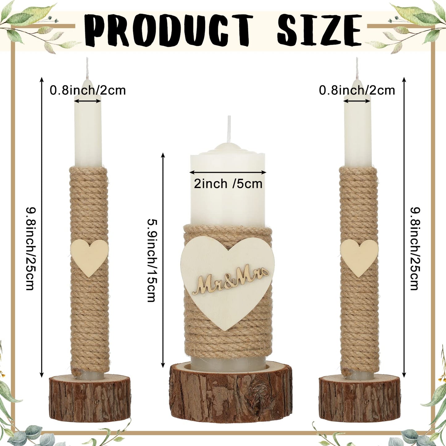 Amyhill 3 Pcs Rustic Unity Candles for Wedding Ceremony Set Mr and Mrs Burlap 1(5.9'') Pillar 2(9.8'') Taper Candles for Weddings Ceremony Events Decor Emergency Lighting(Romantic Style)