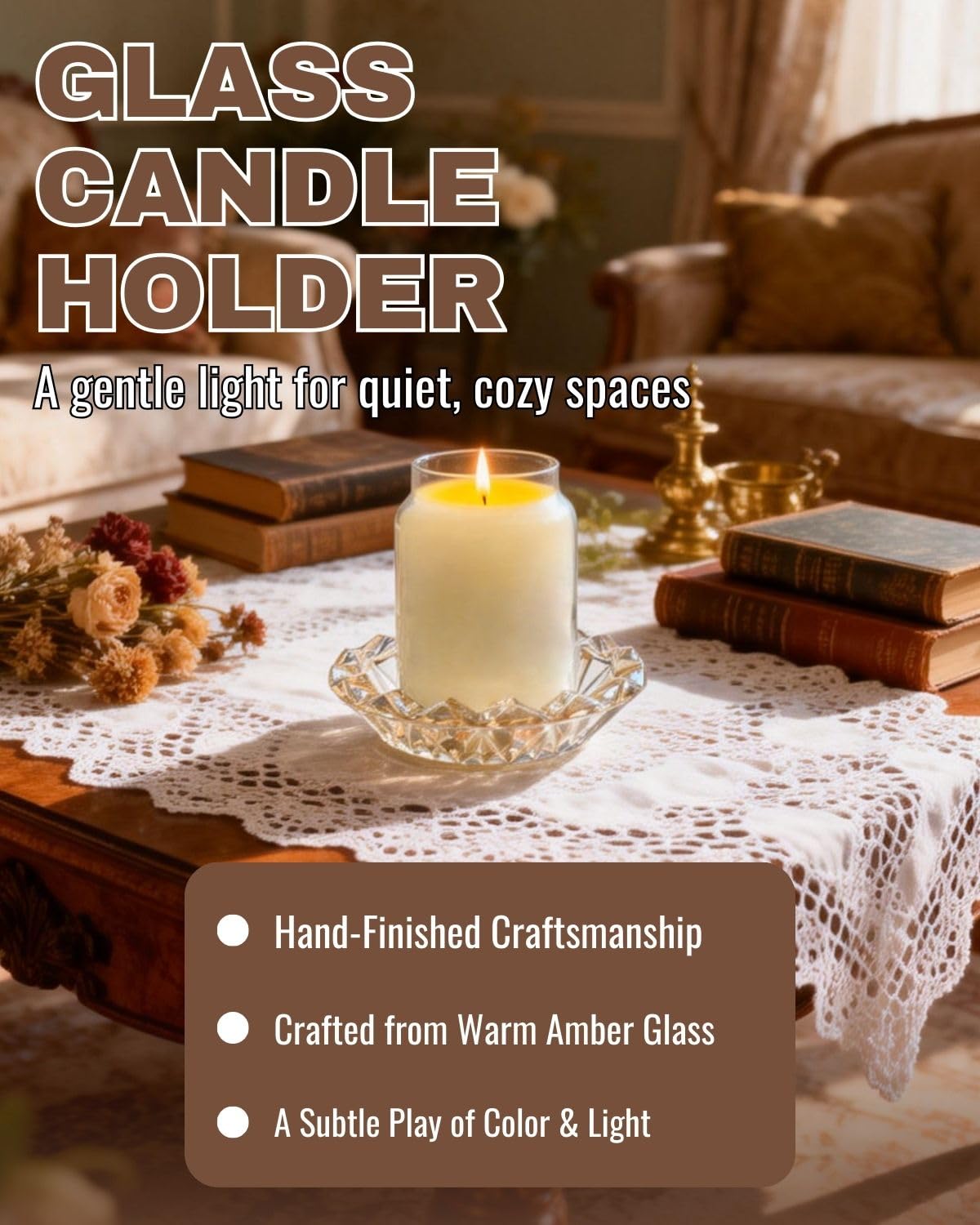 Loyipu Large Lotus Glass Candle Holder for 3-Wick Candles (Fits 4.5" Jars) – Crystal Candle Tray for Large Jar Candles, Scented Candles & Reed Diffusers(Champagne Gold)