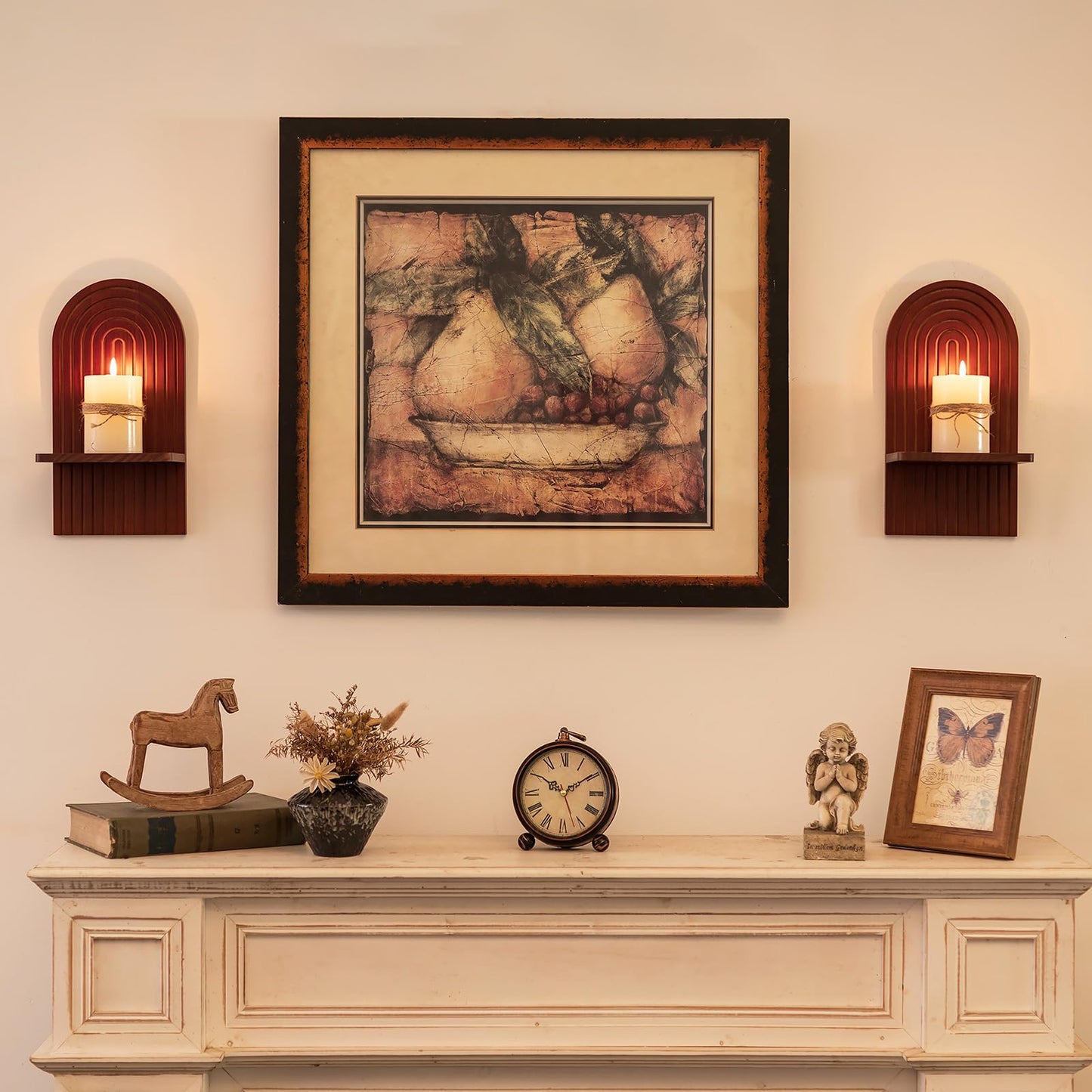 Walasis Mid Century Modern Candle Sconces: Set of 2 Walnut Boho Wall Candle Holder Decor for Living Room Fireplace - Arch Candle Shelf for Plants Pillars Candles