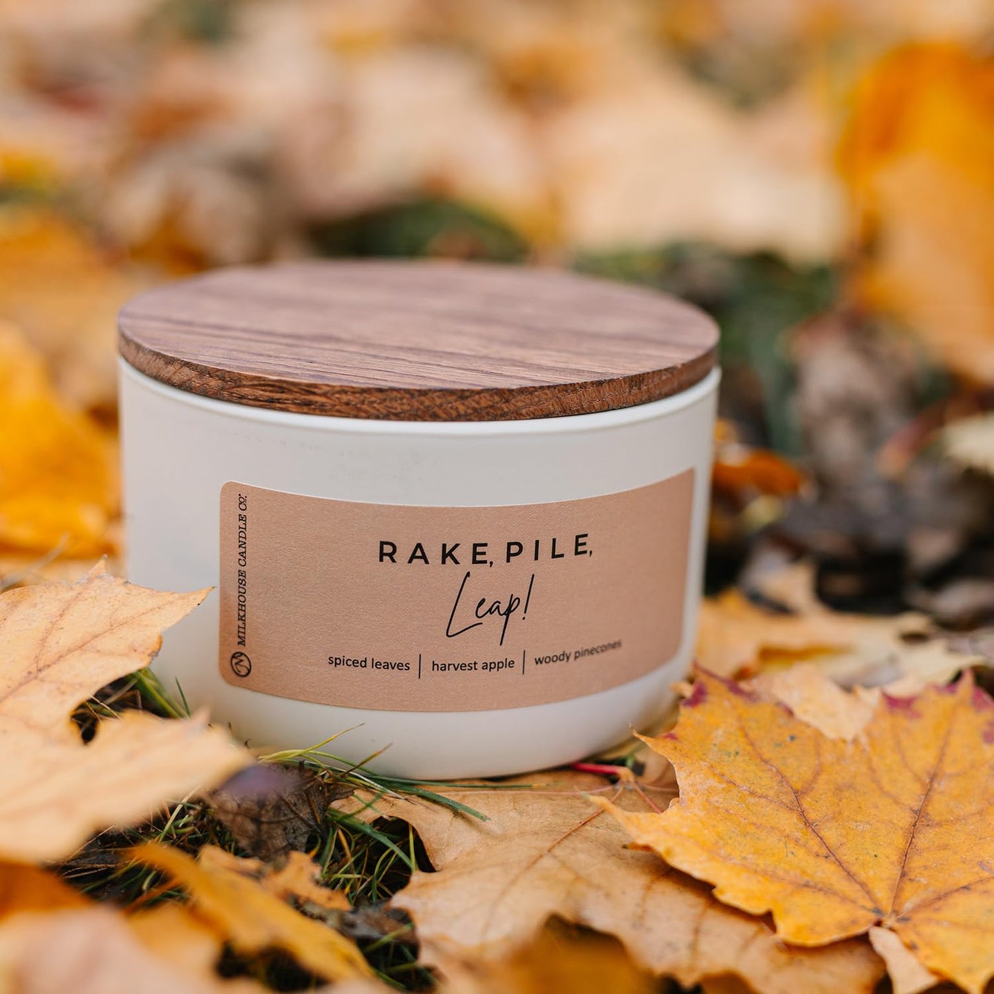 Milkhouse Candle Company Rake, Pile, Leap! Soy Candle - Spiced Leaves | Harvest Apple | Woody Pinecones Scented - 10 oz Signature Statement Candle with Lid, 20+ Hour Burn Time, Made in the USA