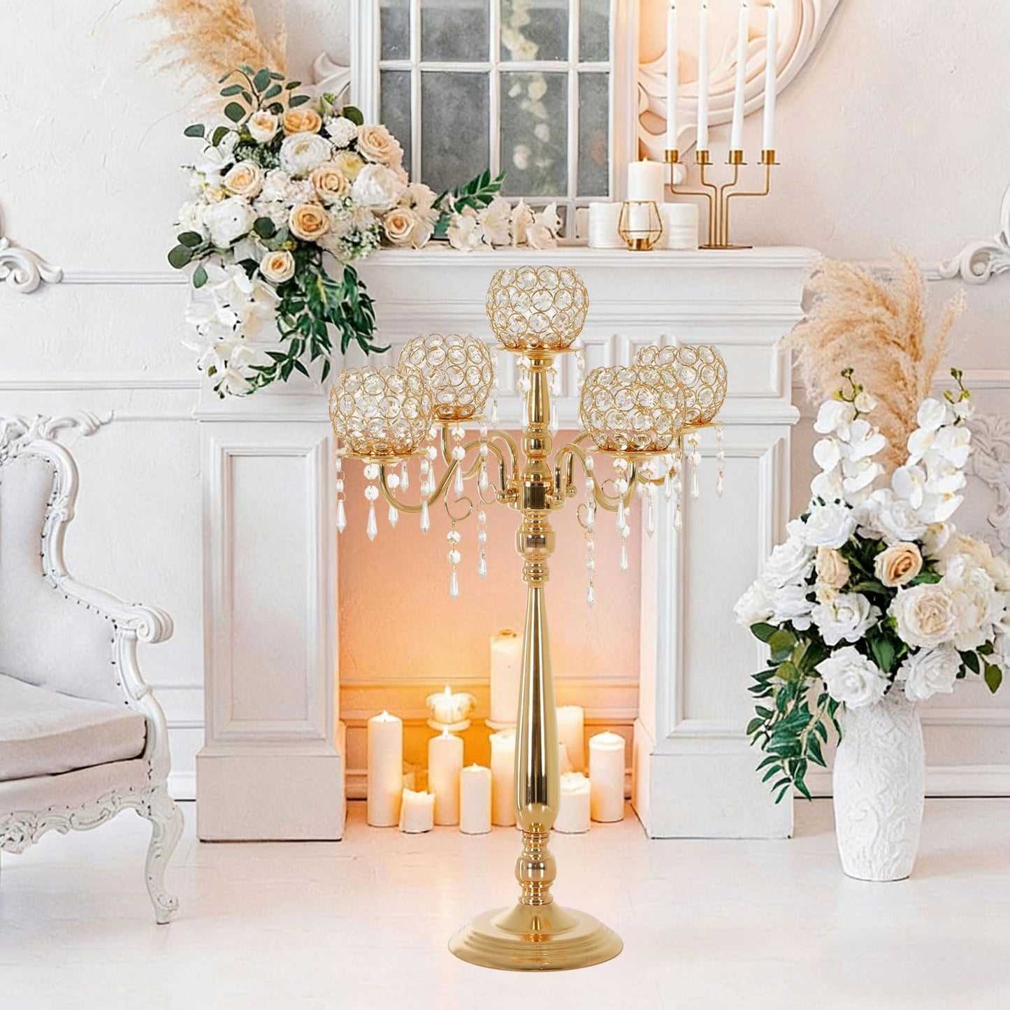 4 Packs 5 Arms Crystal Candelabra for Wedding Centerpiece, Gold Floor Candle Holder Set with Chandelier Crystal Beaded Anniversary Dinner Party Table Decor candelabros de mesa Elegantes Palace Themed