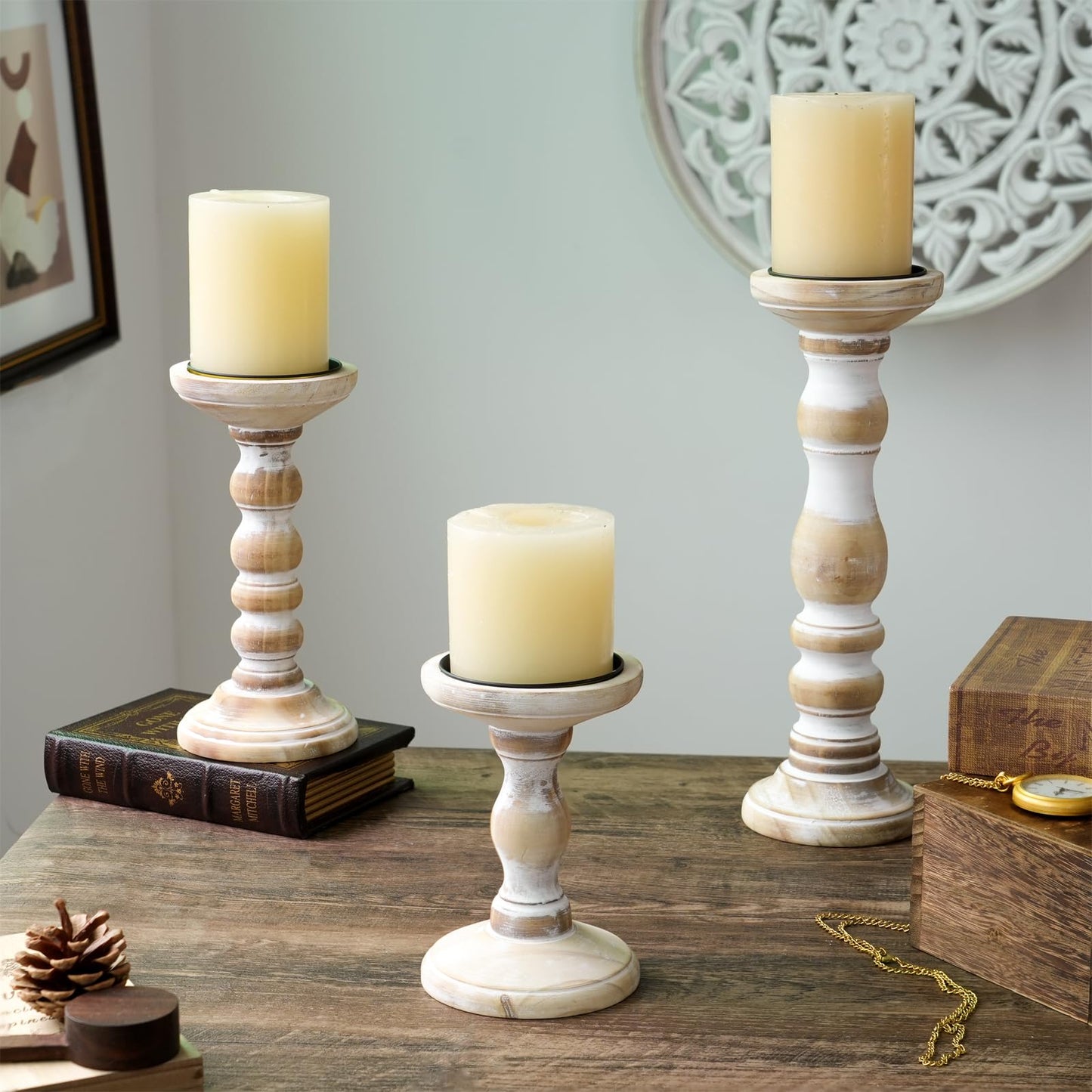 Wood Candle Holders for Pillar Candles - Tall Rustic Candle Holder (Set of 3), Large Farmhouse Candle Holders Candle Stand, Pillar Candle Holder Set for Table Centerpiece, Fireplace, Home, White