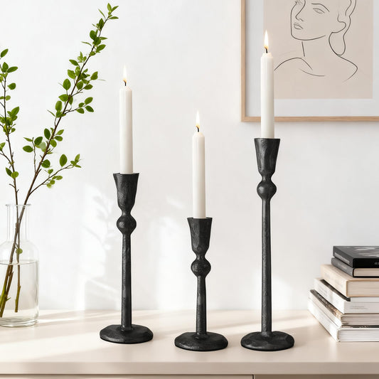Set of 3 Antique Black Taper Candle Holders Cast Iron Candlestick Holder for Table Centerpieces Wedding Holiday Decor Vintage Decorative Candelabra Style Candle Stick Stand