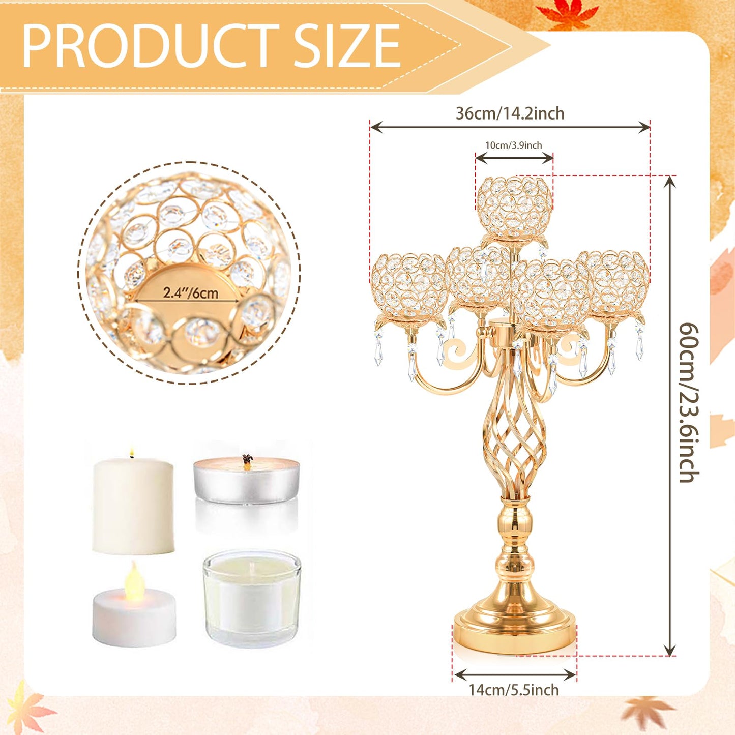 Kehail 5-Arm Crystal Candelabra Centerpiece 23.2" Tall - Elegant Candle Holder Stand with Crystal Bowl, Chic Table Decor for Weddings, Parties, Anniversary & Home Decoration (4, Gold)