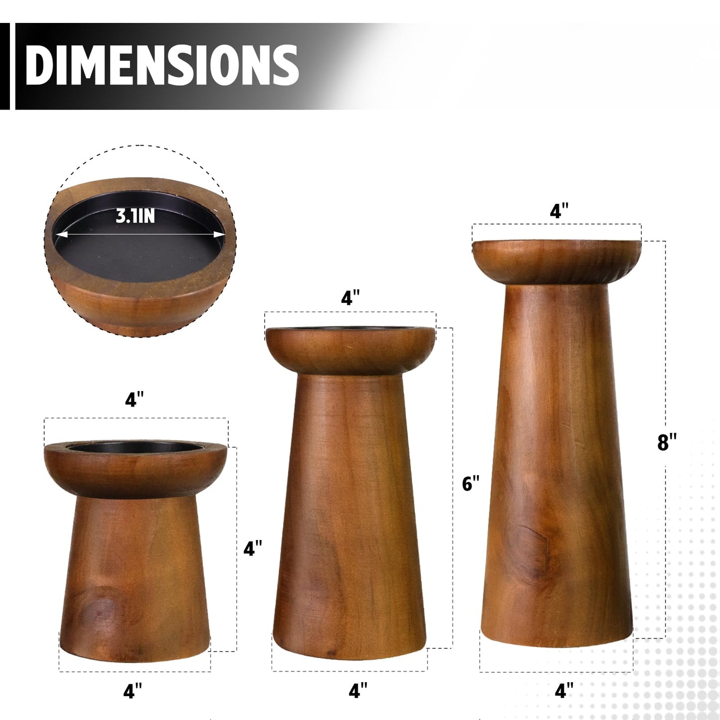 Pillar Candle Holders Set of 3， Wooden Candle Holders， Decorative Wood Candlestick Holders for Living Room, Table Centerpiece for Wedding, Christmas, Party, Home - 4", 6", 8"