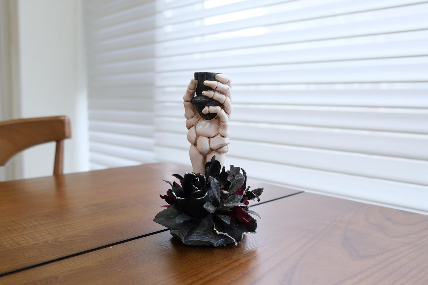 LushNook Halloween Candle Holder, Resin Skeleton Hand Candlestick with Black Faux Flower, Halloween Decor for Home Table, 7" Height