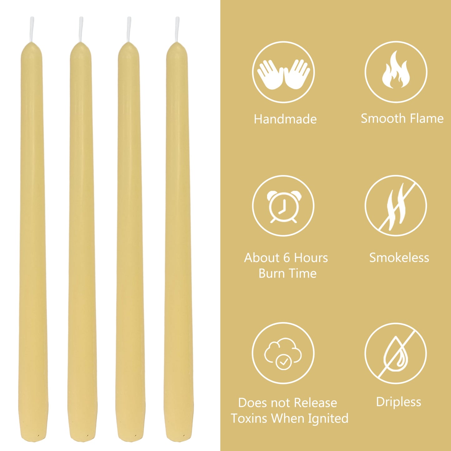10 Inch Yellow Taper Candles Set of 4, Unscented Tapered Candles, Elegant Candle Stick Handmade Candlesticks for Wedding Dinner Table Home Decor Party Gift