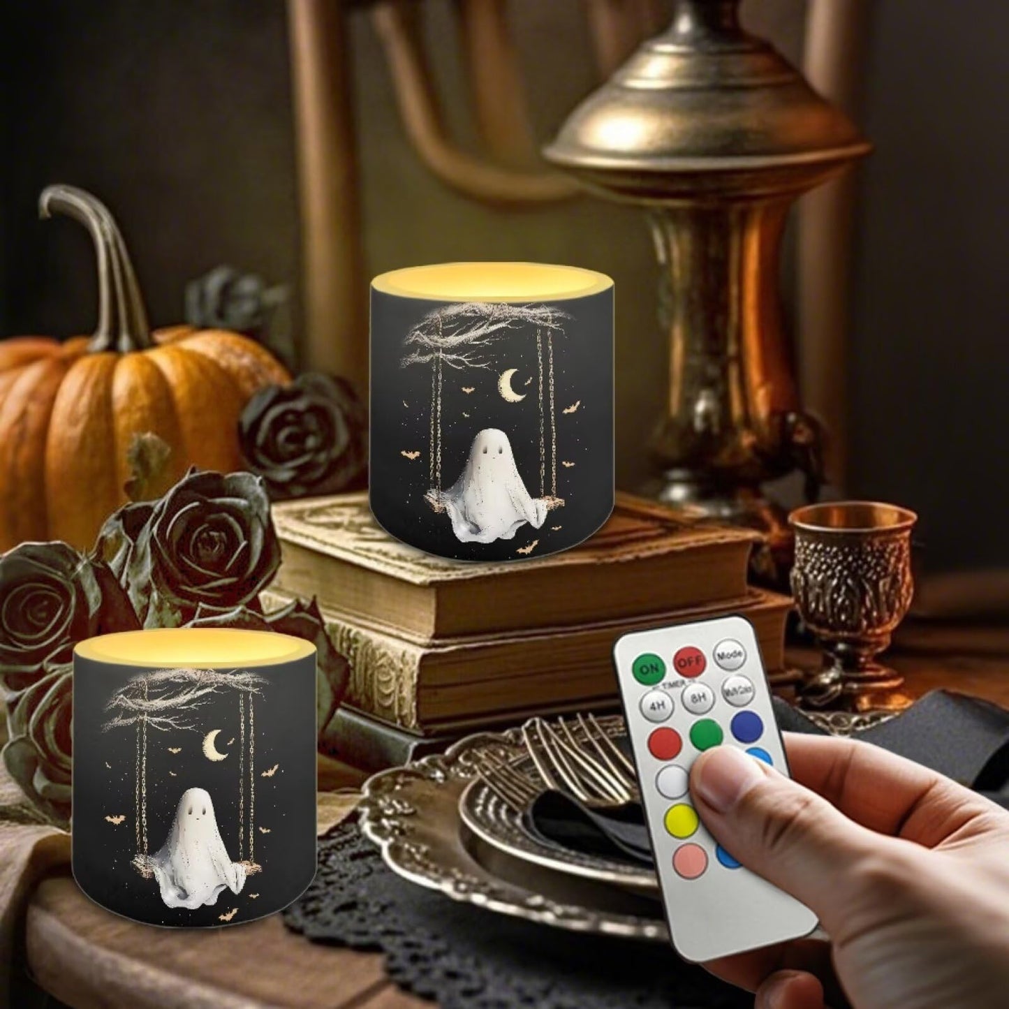 Merkmak 4Pcs Flameless Candles with Remote Halloween Moon Ghost Battery Operated Candles with Timer Pillar Tea Lights Bulk for Indoor Outdoor Banquet Party Home Decoration