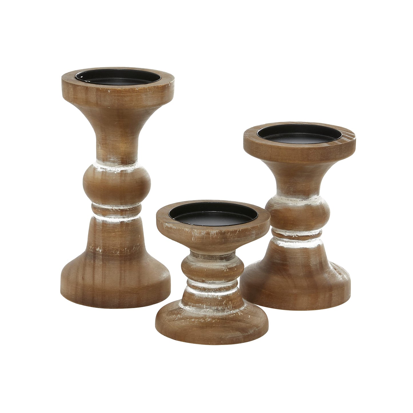 Deco 79 Wood Decorative Candle Holder Beaded Pillar Candle Stand, Set of 3 Candlestick Holder 4", 6", 8"H, Brown