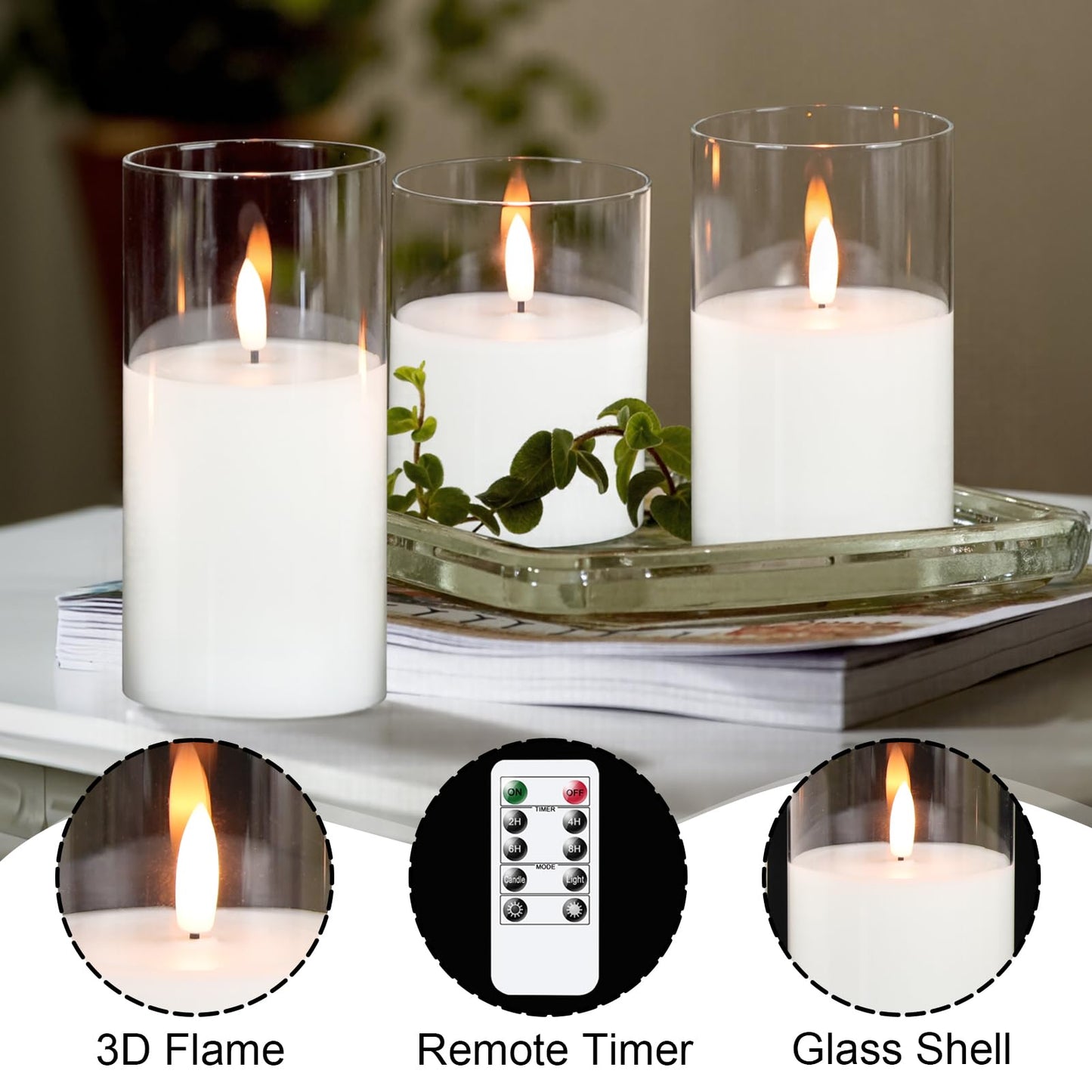 GenSwin Flameless Candles with Remote Timer, Clear LED Battery Operated Candles with Flickering Flame, Glass and Real Wax Pillar Candle Holiday Home Decor(Set of 3, D3”x4”5”6”)