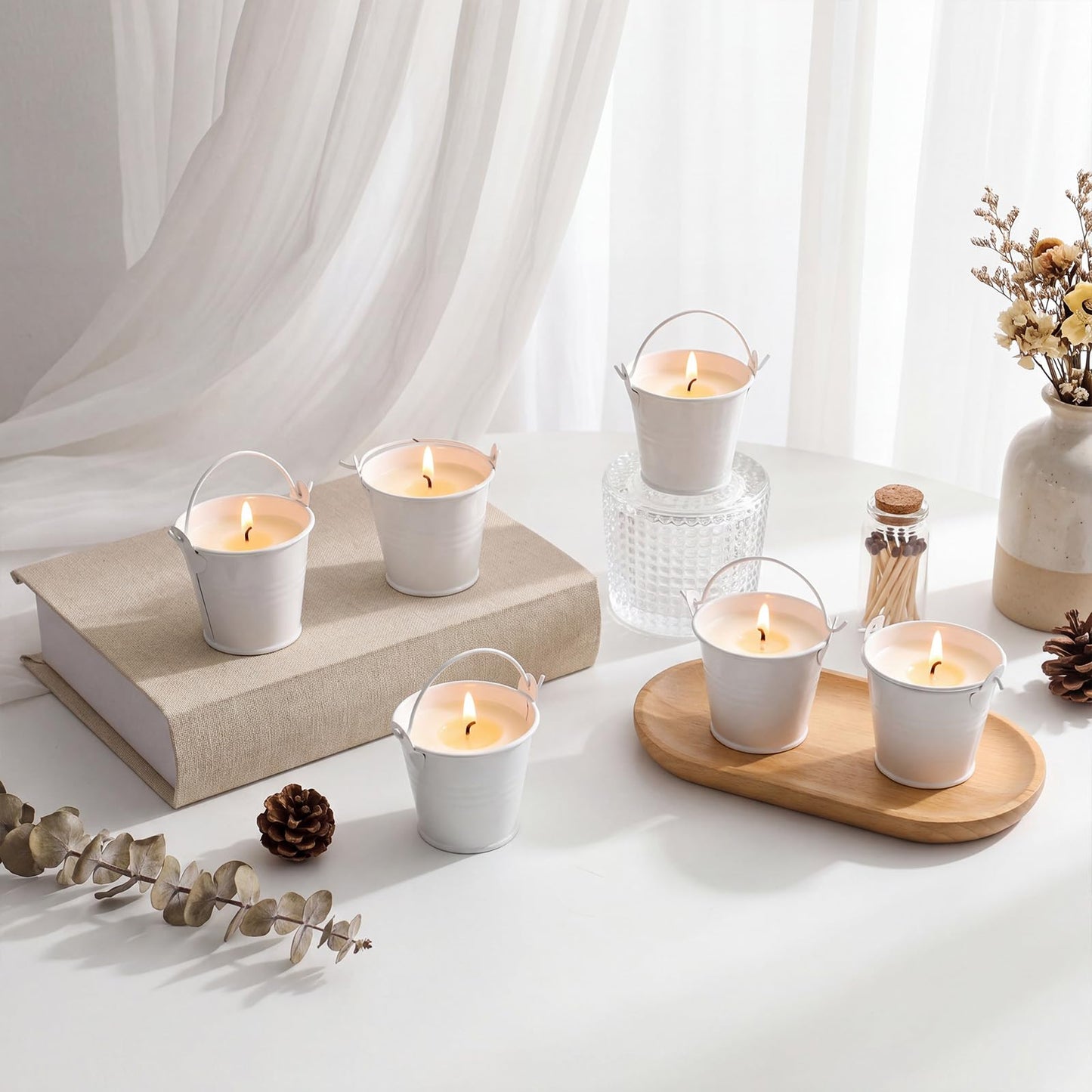 Conelist 6 Pack Citronella Candles Outdoor White Metal Candle Tins with Carrying Handle Long Lasting Outdoor Candles for Patios, Decks, Gardens, Backyards and Camping (5 cm)