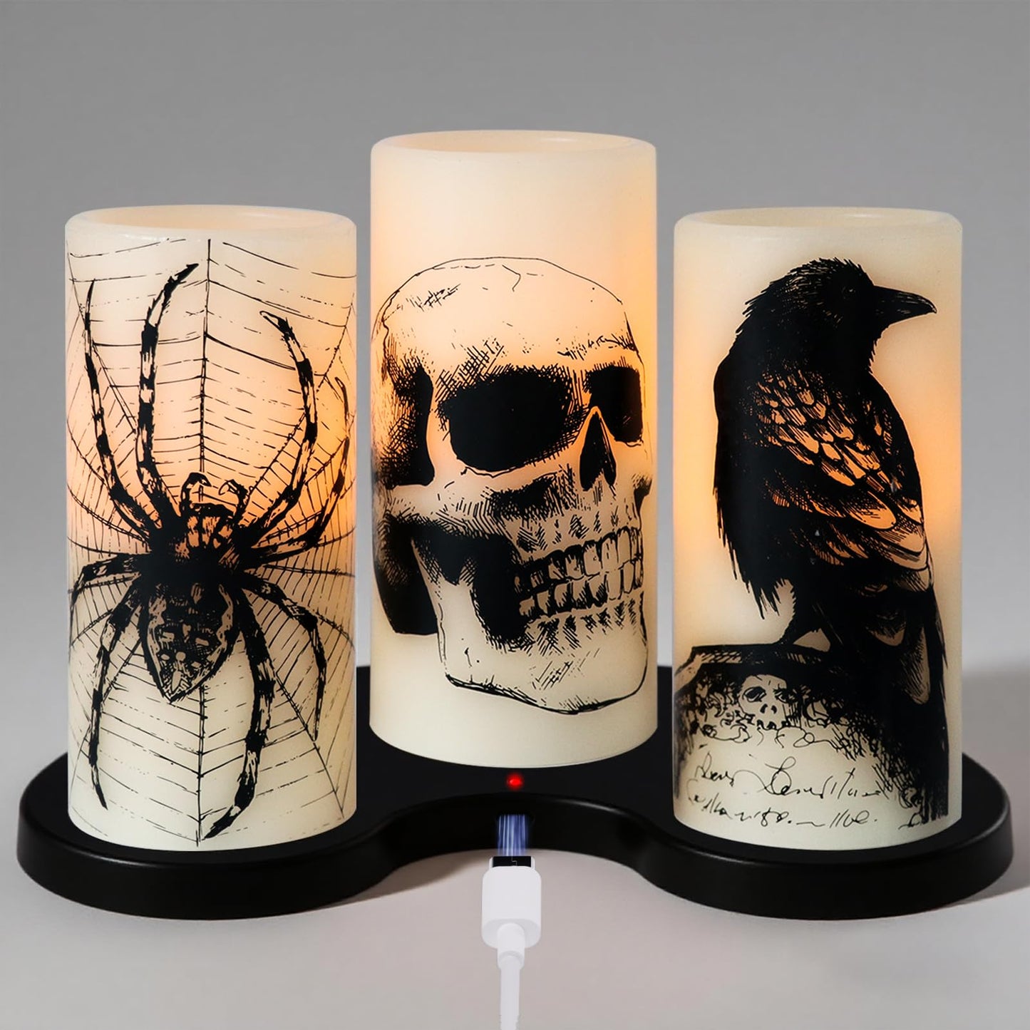 Eldnacele Halloween Flameless Candles with Skull,Spider Web, Crow Raven Decal, Rechargeable Battery Operated Cycle Timer Halloween Themed LED Real Wax Ivory Candles Spooky Decor(3pcs,D3×H6)