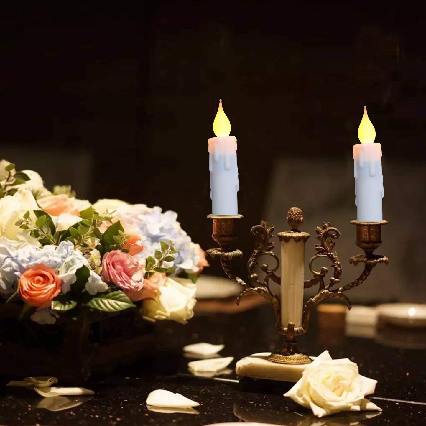 LINCOUNTRY.Short White Taper Candle Battery Operated Flameless Led Taper Candles with Timer,Primitive Small Candlesticks Flickering Flame,4.75Inch Christmas Halloween Decor