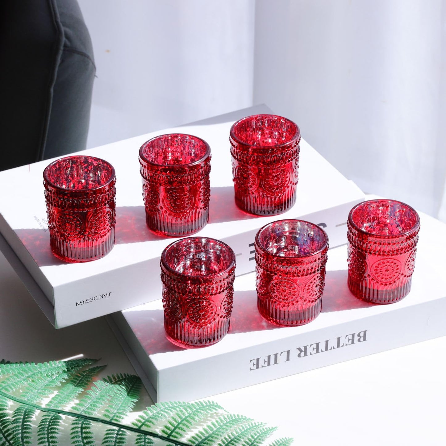 VOHO Red Mercury Glass Candle Holder Set of 12, Boho Sunflower Red Votive Candle Holders for Table Centerpiece, Festive Tealight Candle Holder for Christmas, Thanksgiving, Valentines Day Decorations