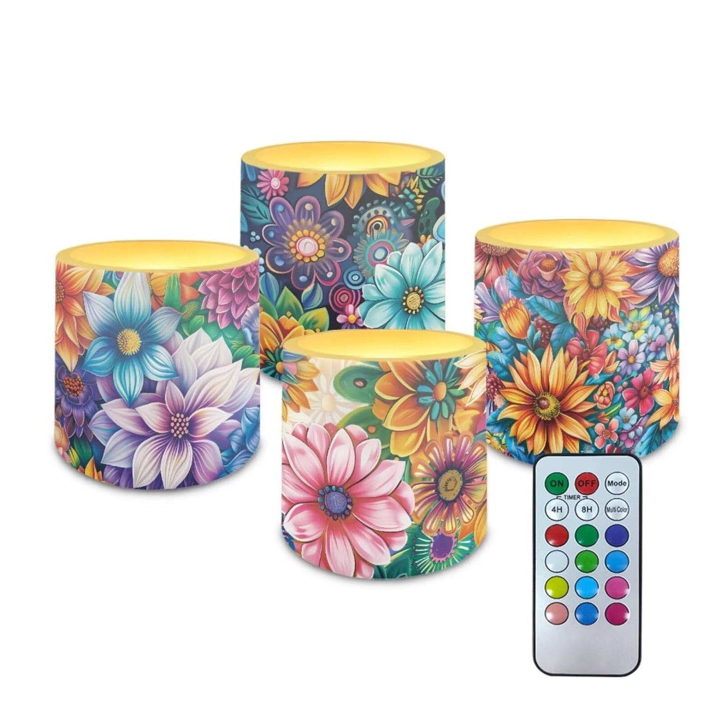 NETILGEN 3 inch Flickering Color Changing LED Candles Boho Flower Bright Blossom Set of 4 Flameless Eletric Pillar Candles with Remote Timer Control Home Party Decor