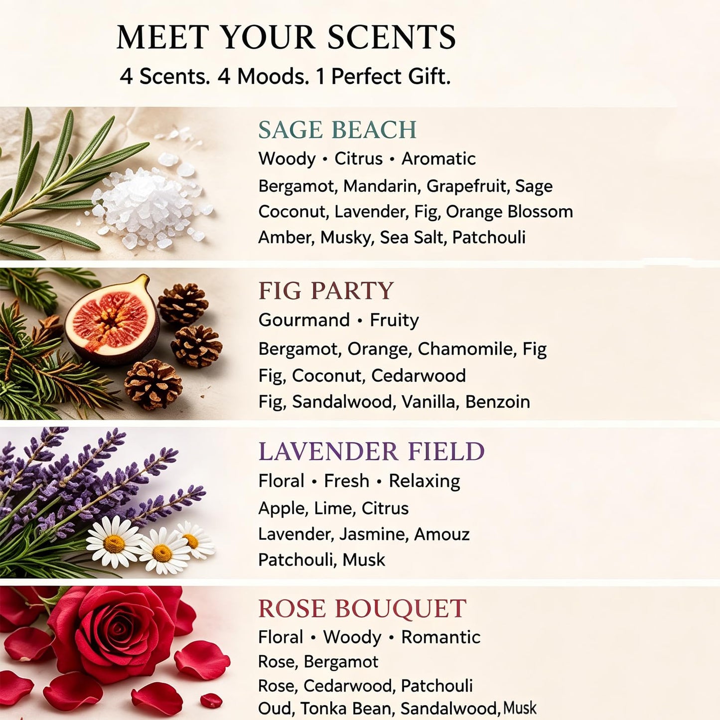 4-Pack Soy Candle Gift Set, Natural Aromatherapy Candles - Sea Salt Sage, Fig Fir, Lavender Eucalyptus, Velvet Rose, 5oz Each 150 Hour, Aromatherapy Candle Gift Set for Home, Relaxation & Spa