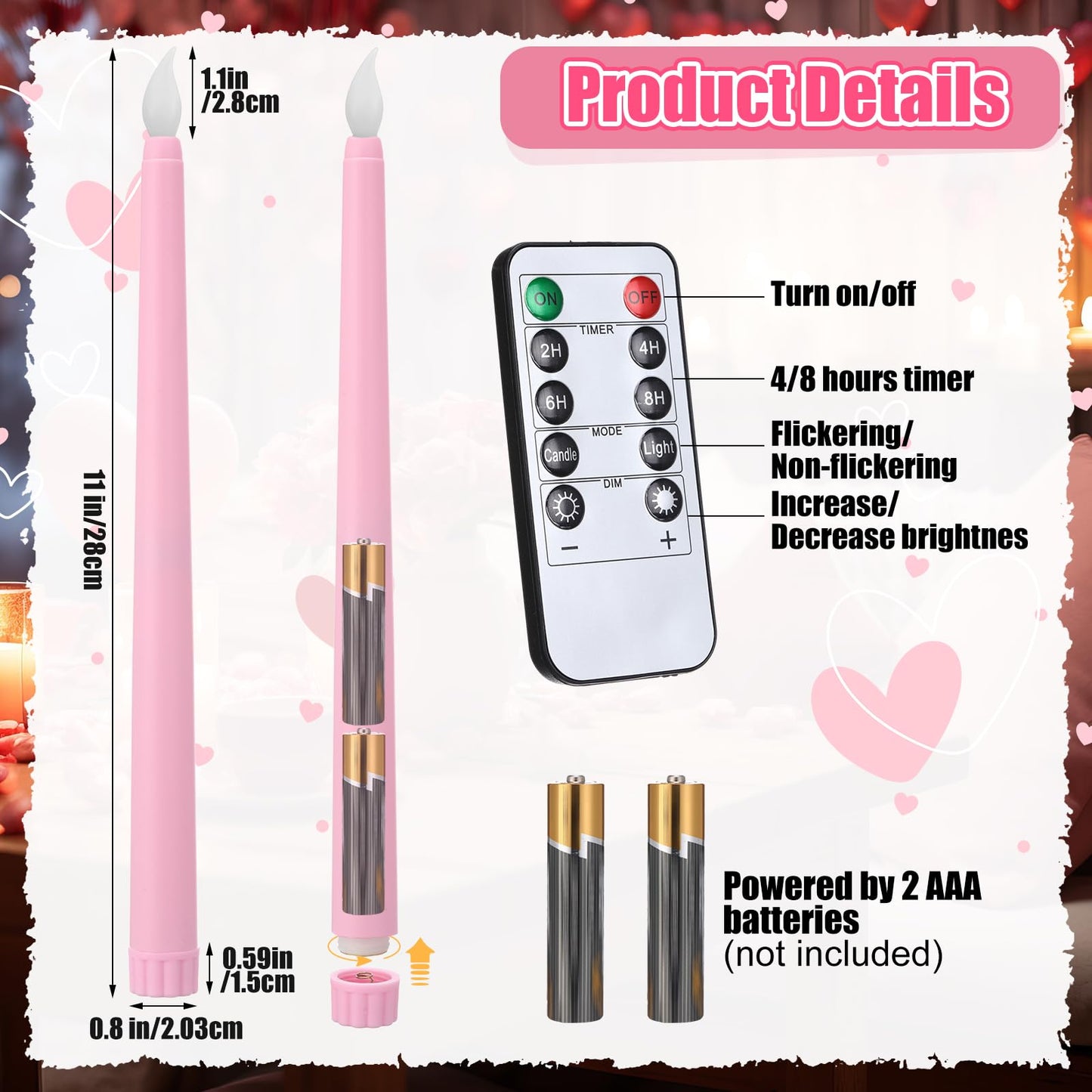 Baquler 120 Pcs Flameless Taper Candles with Remote and Timer 11" Battery Operated Candlesticks LED Flickering Faux Candles Warm Light for Wedding Holiday Party Home Decor (Pink)