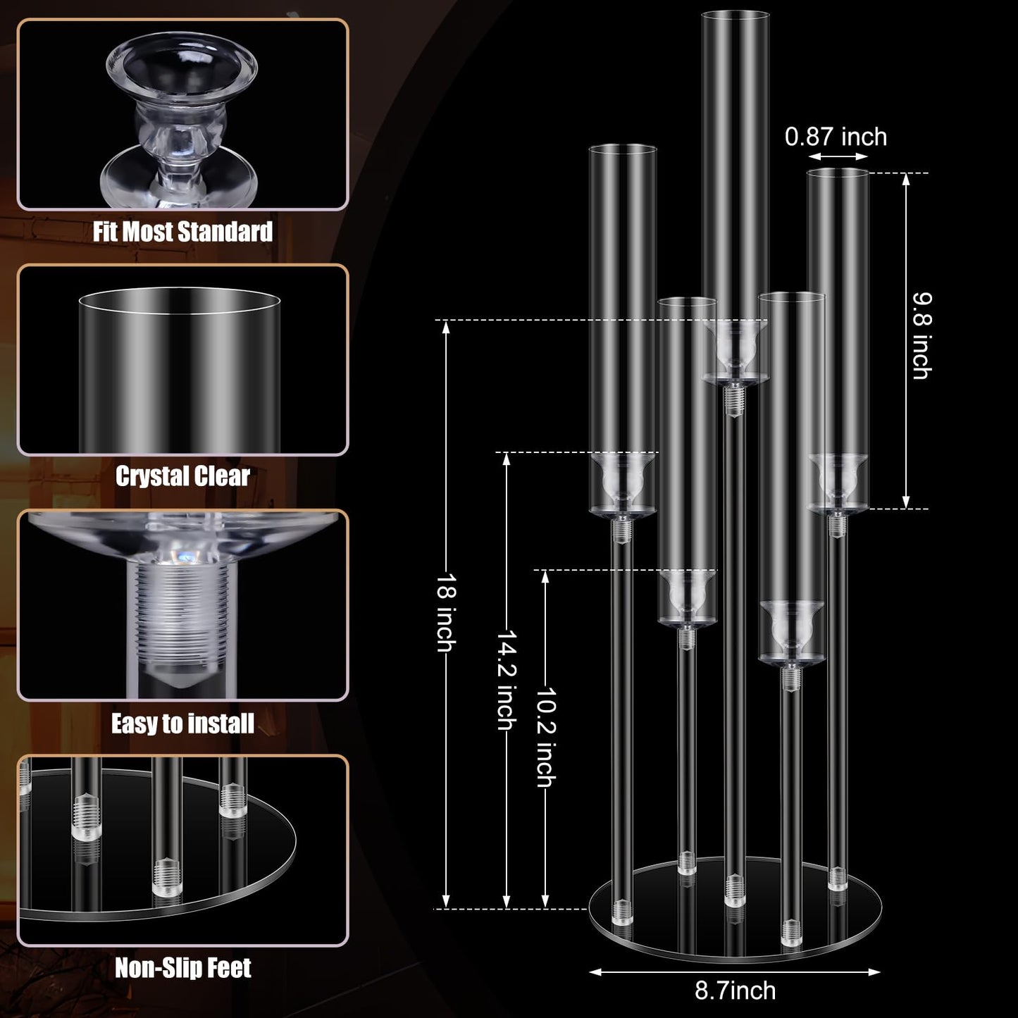 FoldTier 4 Sets 5 Arm Acrylic Candelabra Holder for Wedding Table Centerpiece 27inch Tall Floor Clear Candle Centerpieces with LED Candles and Shade for Proposal Ceremony Birthday Party Home Decor