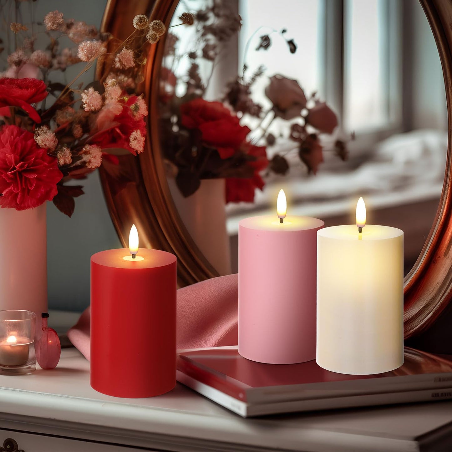 Tuanse 6 Pcs LED Flameless Candles 4.3" Battery Operated LED Lights Electric Decorative Pillar Candle for Wedding Party Decorations Room Dinner Decor Gifts(Red, Pink, White)