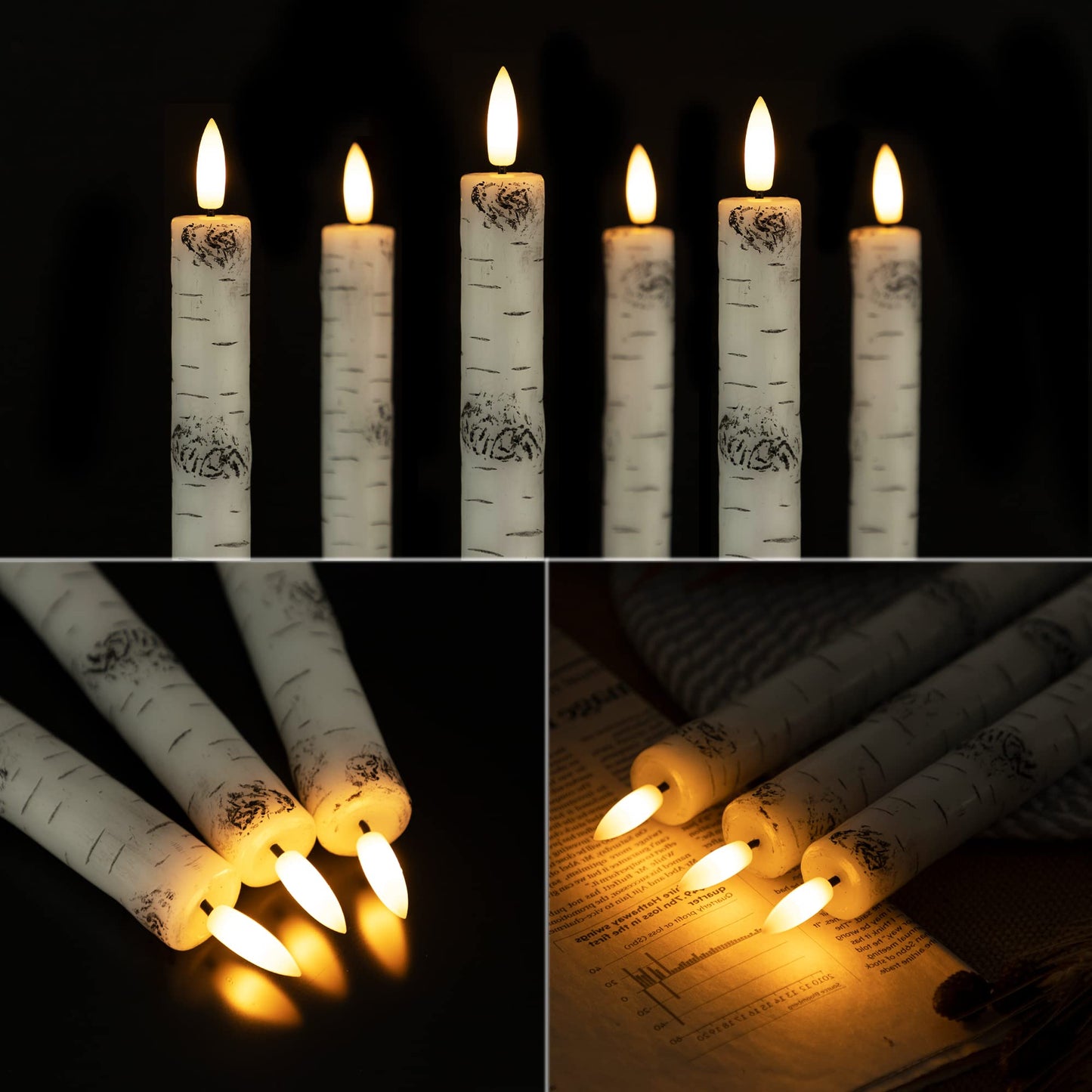Birch Bark Flameless Taper Candles with 3D Wick, 9.6" Real Wax LED Candles with 2 Remote and Timer, 6 Pack Flickering Candlesticks Battery Operated Electric Candle for Home, Wedding, Party, Decor