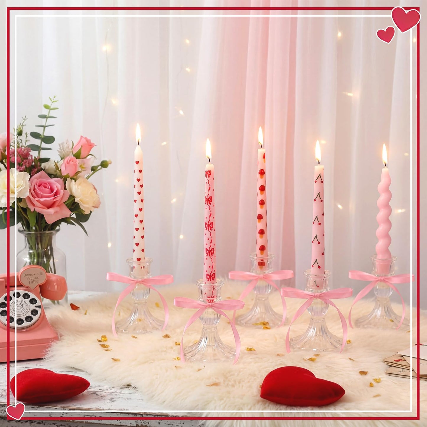 Nuanchu 12 Pcs Galentine's Day Taper Candles Valentines Heart Bow Pink Spiral Candle Sticks Real Wax for Valentines Day Bridal Shower Wedding Anniversary Birthday Dinner Table Home Decor