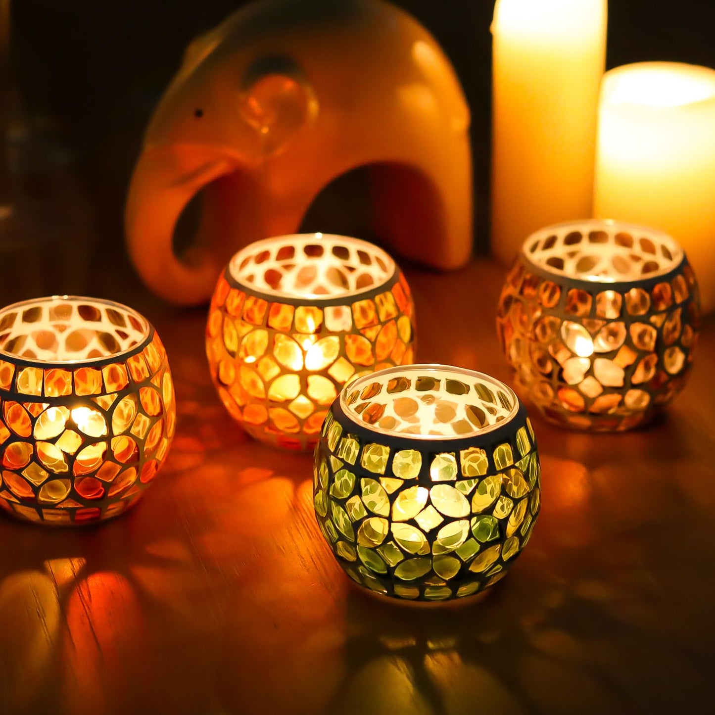 SHMILMH Mosaic Candle Holders Set of 4, Handmade Glass Tealight Votive Holders, Fall Thanksgiving Diwali Decor, Autumn Wedding Party Table Centerpiece, Brown Orange Green