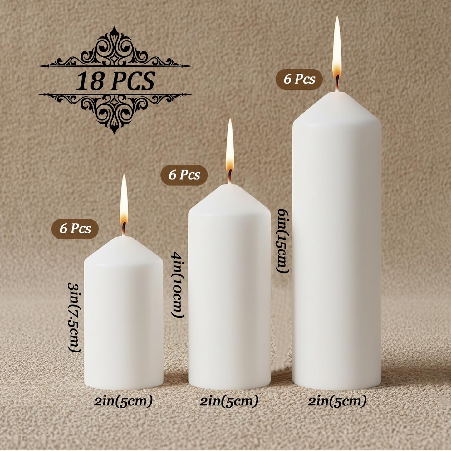 Veiuwa 18 Pcs White Pillar Candles Bulk Set，Hurricane Candles，2x3 2x4 2x6 Inch - 12 Each Size，Dripless Unscented Smokeless，Gives You a Better Atmosphere When Organizing an Event Party.