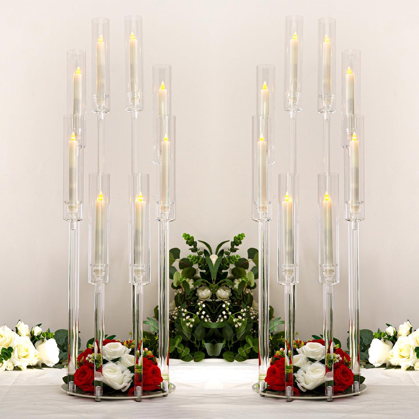 2PCS Acrylic Candelabra Centerpieces,Tall Clear Floor Candelabra for Wedding 8 Arm Candle Holder with Acrylic Shade Circular Base for Party Table Decoration Fit 0.87 LED Candle