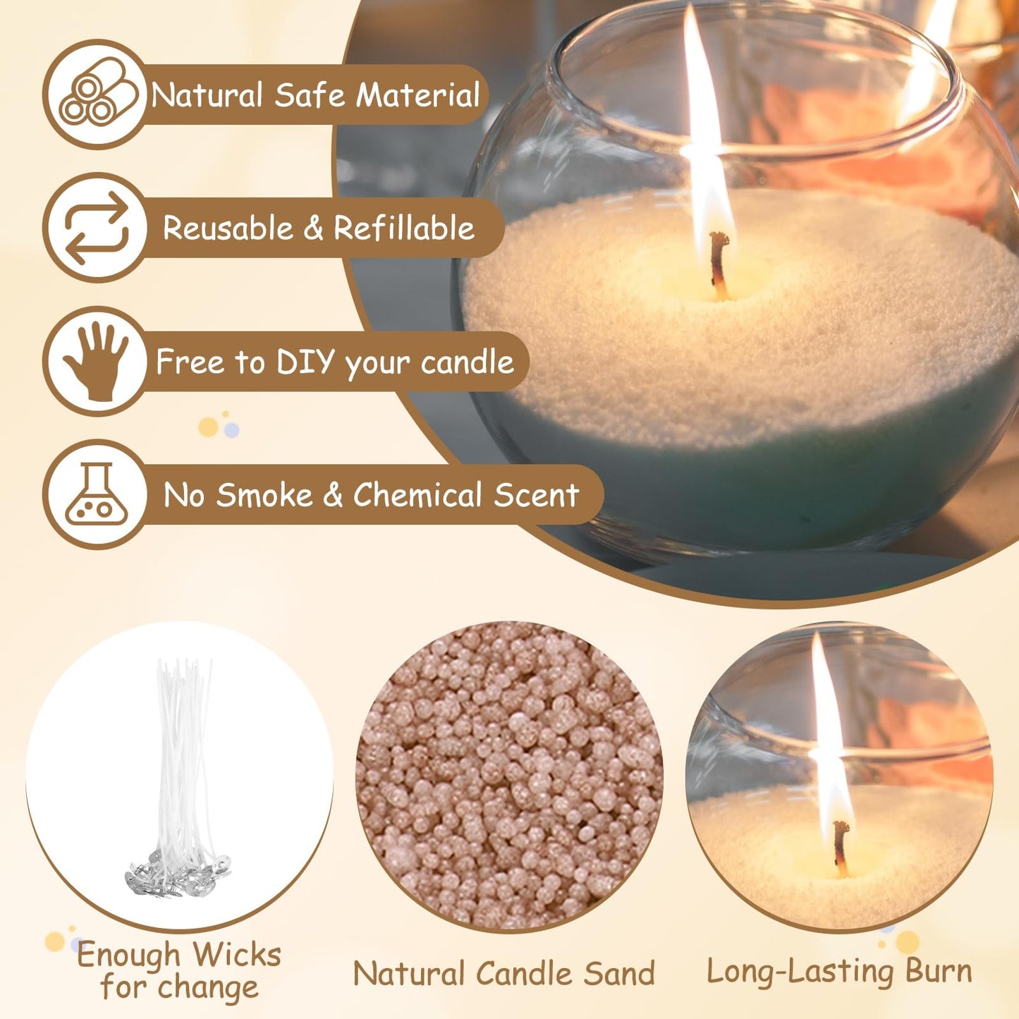 MECCANIXITY Pearled Sand Candles with 20 Pcs Wicks 7Oz / 200g Candle Beads Refillable Powder Sand Wax Making Kit for Thanksgiving Christmas Wedding Party DIY Home Crafts, Brown