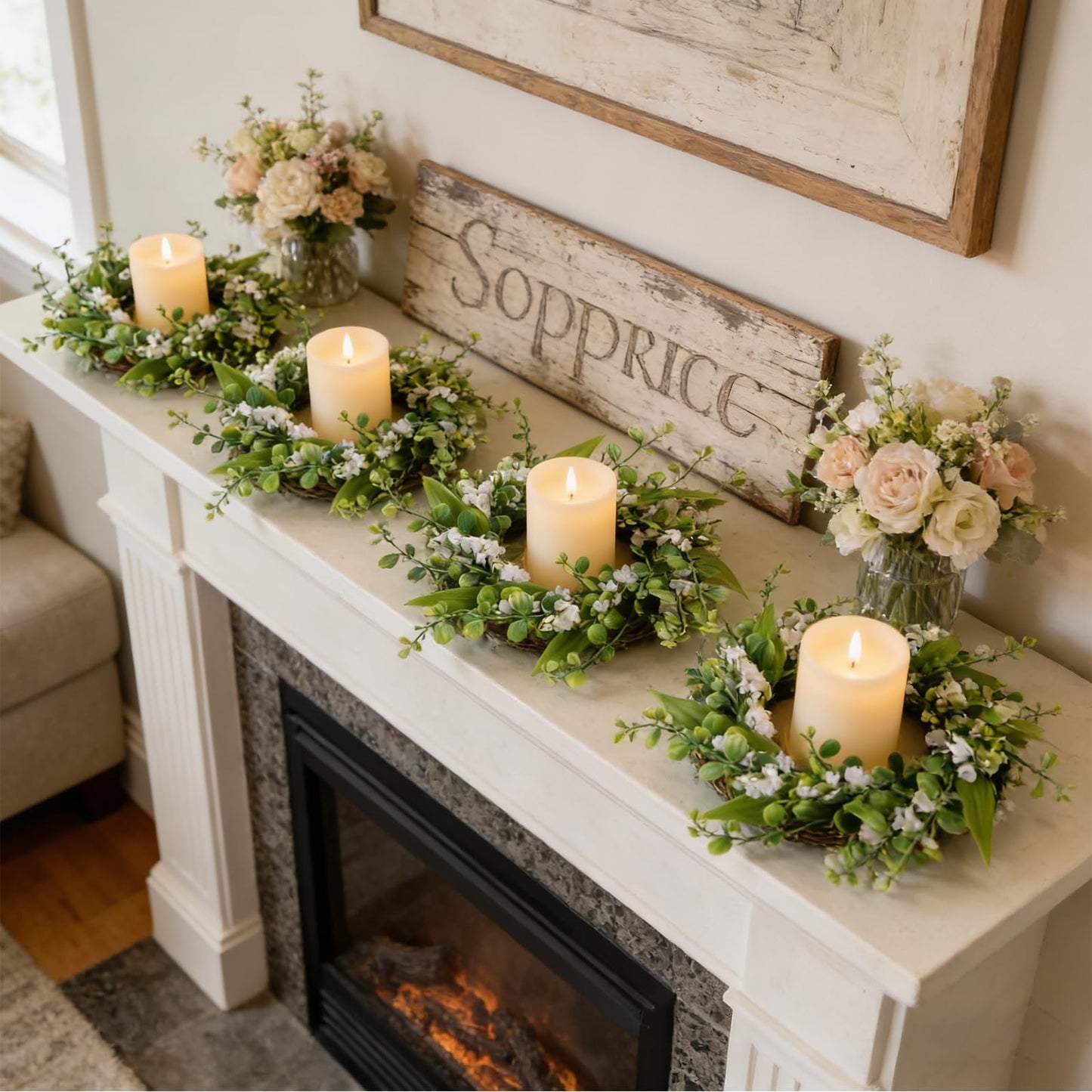 6 Pcs Green Boxwood Candle Rings Wreaths Mini Spring Summer Forsythia Wreath for Front Door Artificial Rings Wreaths with White Flowers for Pillar Porch Wall Window Farmhouse All Seasons Decor