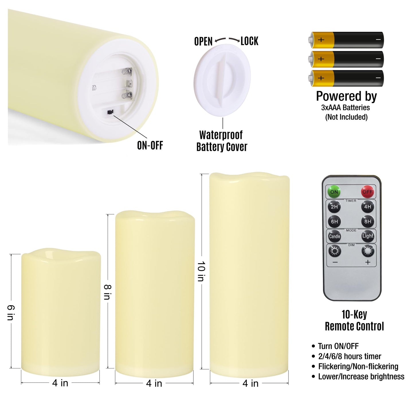 Yongmao 6" 8" 10" x 4" Ivory Large Waterproof Outdoor Flameless Candles Battery Operated LED Flickering Pillar Candles with Remote and Timer for Indoor Outdoor Lanterns, Long Lasting, Set of 3