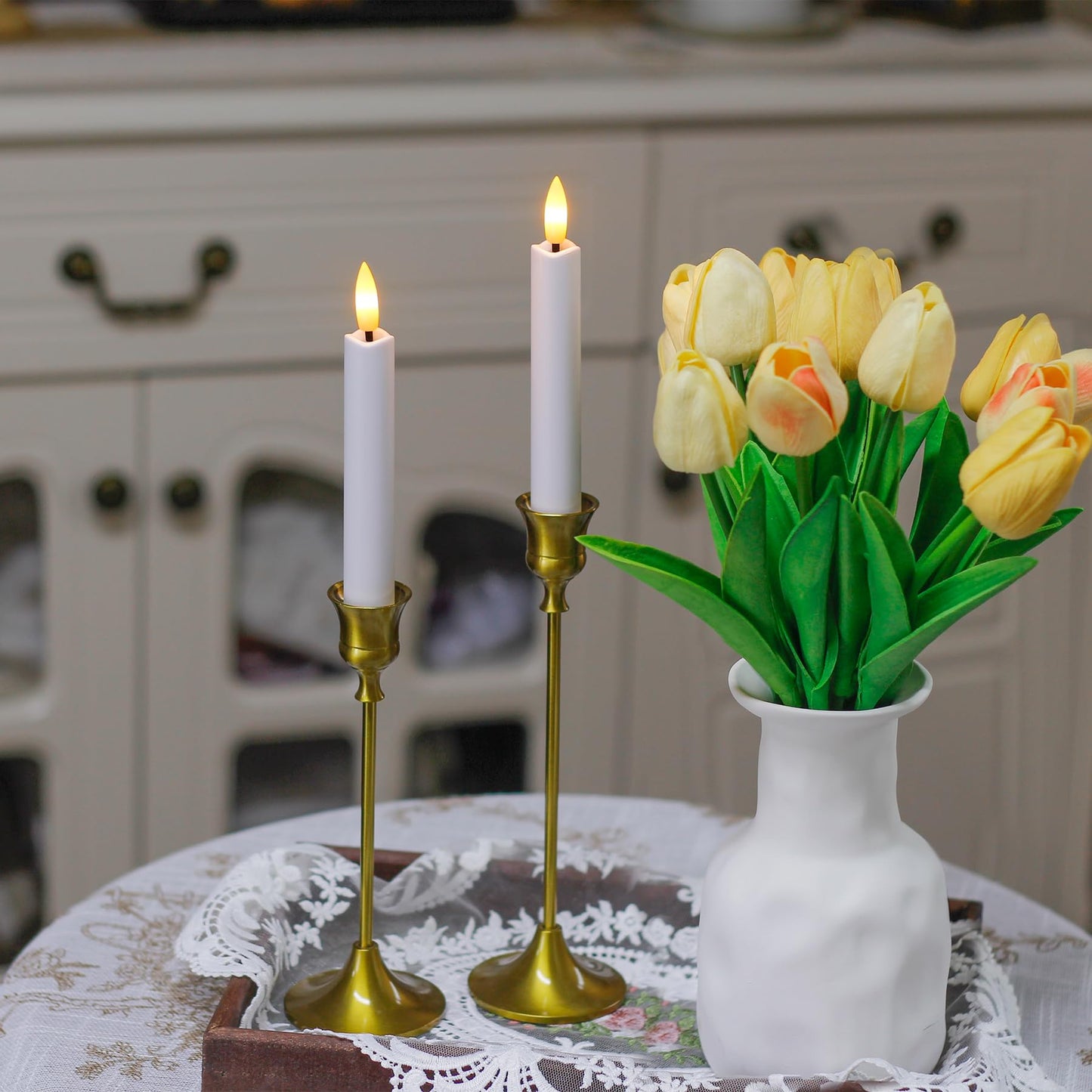 Mavandes 6.4 Inches Plastic LED Taper Candles with Remote and Timer,White Flameless Battery Operated Flickering Candlesticks,Pack of 6 Flameless 0.78” Diameter 3D-Wick Tall Window Candles,Long-Lasting