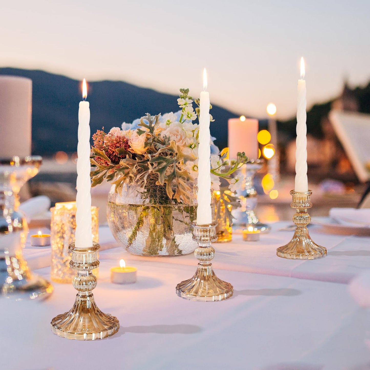 6 Pcs Golden Glass Taper Candle Holders – 4" Ribbed Candlestick Holders for Standard Candles | Elegant Centerpiece for Wedding, Party, Holiday & Home Decor