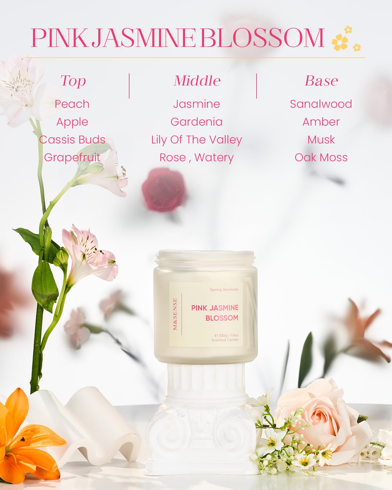 M&SENSE Jasmine & Rose Spring Scented Candles for Home, 11.6oz Organic Natural Soy Wax, 70-Hour Non Toxic Clean Burn, 2-Wick Home Fragrance Floral Scent, Romantic Smelling for Women