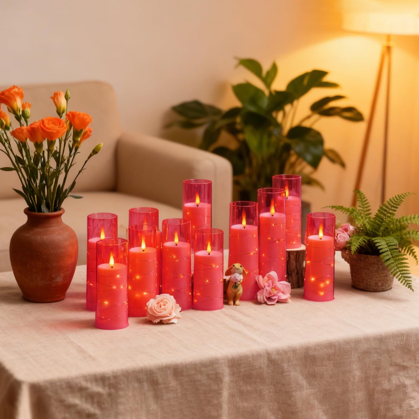 kakoya Flameless LED Candles with Timer 5 Pc Flickering Flameless Candles for Romantic Ambiance and Home Decoration Stable Acrylic Shell,with Embedded Star String，Battery Operated Candles(Pink)