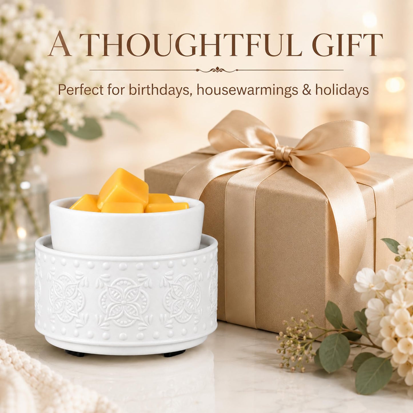 Mocosa Ceramic Candle Wax Melt Warmer for Scented 3-1 Electric Candle Warmer Home Fragrance Burner Perfect Gifts for Mom Women(White-Granular)