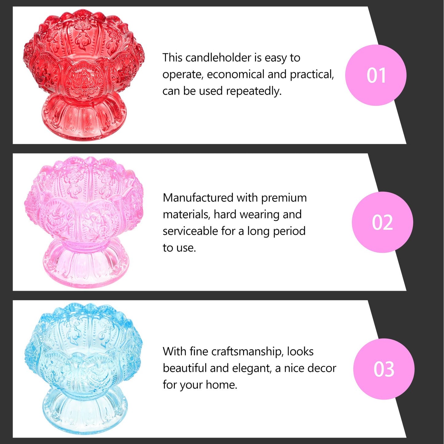 Alipis 3pcs High Base Glass Candleholders Set, Religious Butter Lamp Candle Holders with Blue, Red, and Pink Small Crystal Glass Tealight Stands for Home Décor and Spiritual Use