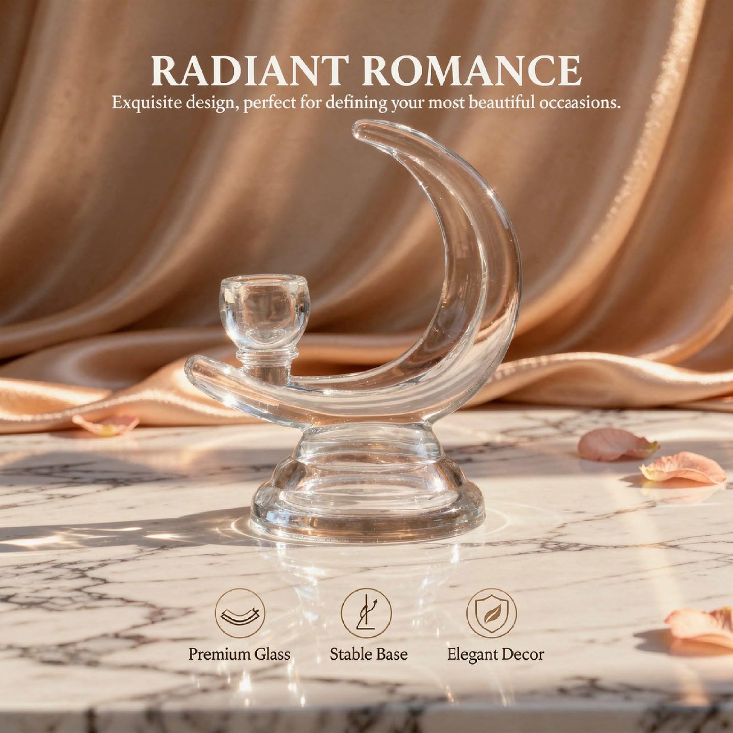 Glass Candle Holder, Moon-Shaped Romantic Stand for Weddings and Dinner Parties, Clear Glass Table Centerpieces, 6.7 in / 17 cm Height, Contemporary Decorative Accent Piece