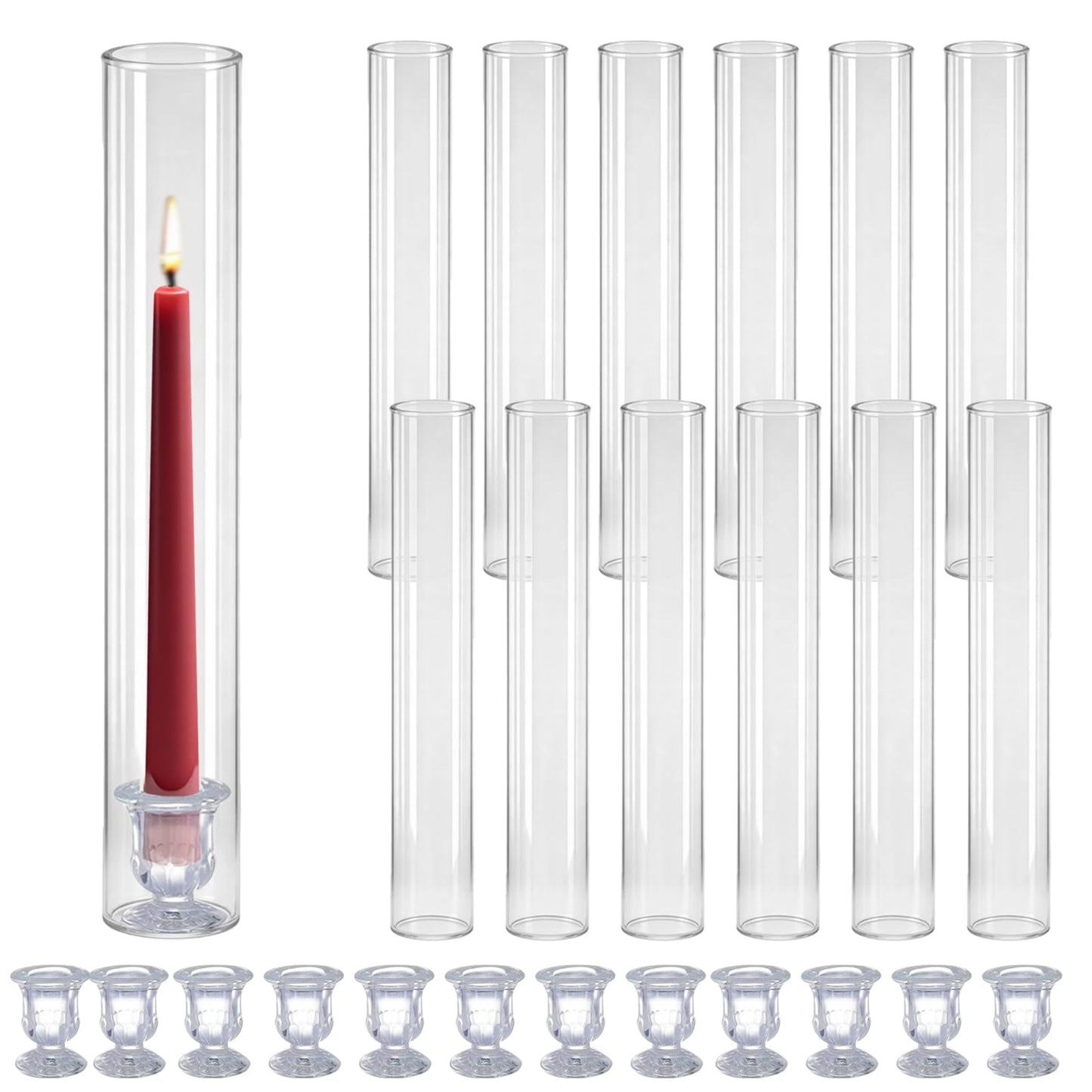 Glass Hurricane Candle Holders – 12 Clear Cylinder Covers & 12 Taper Candlestick Holders, 2.6" D x 13.8" H Windproof Candle Holders for Wedding, Patio Table, Outdoor Christmas Party Décor (12)