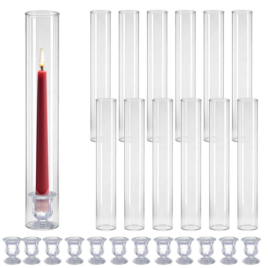 Glass Hurricane Candle Holders – 12 Clear Cylinder Covers & 12 Taper Candlestick Holders, 2.6" D x 13.8" H Windproof Candle Holders for Wedding, Patio Table, Outdoor Christmas Party Décor (12)