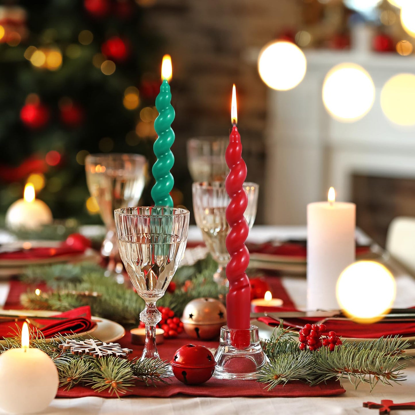 Zhengmy 4 Pcs Red Green Spiral Taper Candle 7 Inch Twisted Long Wax Dinner Candlestick for Fall Halloween Christmas Holiday Valentines Wedding Birthday Baby Shower Table Decor(Solid)