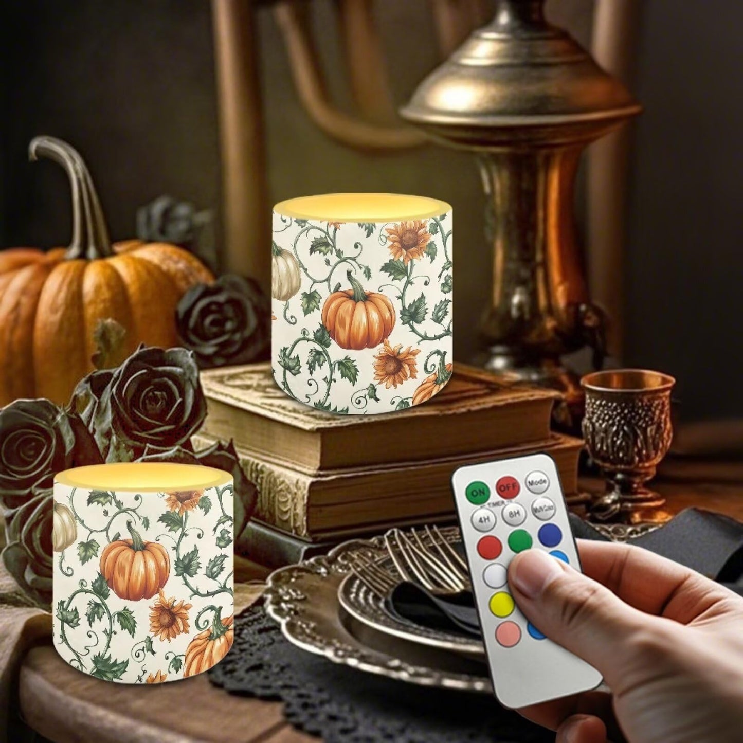 Cozeyat Pumpkin Leaf Office Desk LED Candles Set of 4 Battery Powered Flameless with Remote Timer Flickering Flame Waterproof for Home Patio Garden Decoration