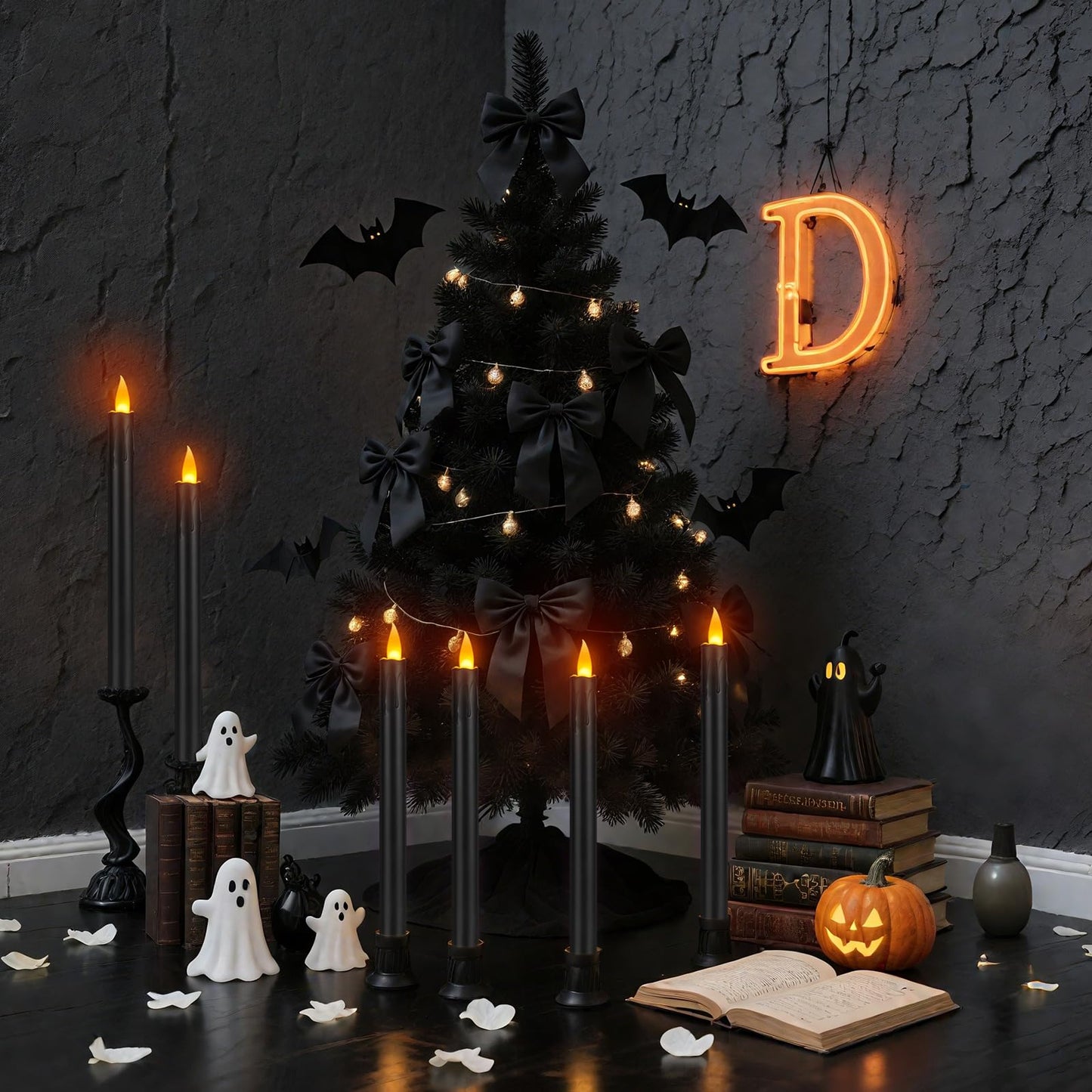 wemarry 24 Pcs Black Flameless Taper Candles with Remote, 10" Black Battery Operated Led Candlesticks with Flickering 3D Flame, Fake Taper Candles for Halloween Anniversaries Dinner Home Décor