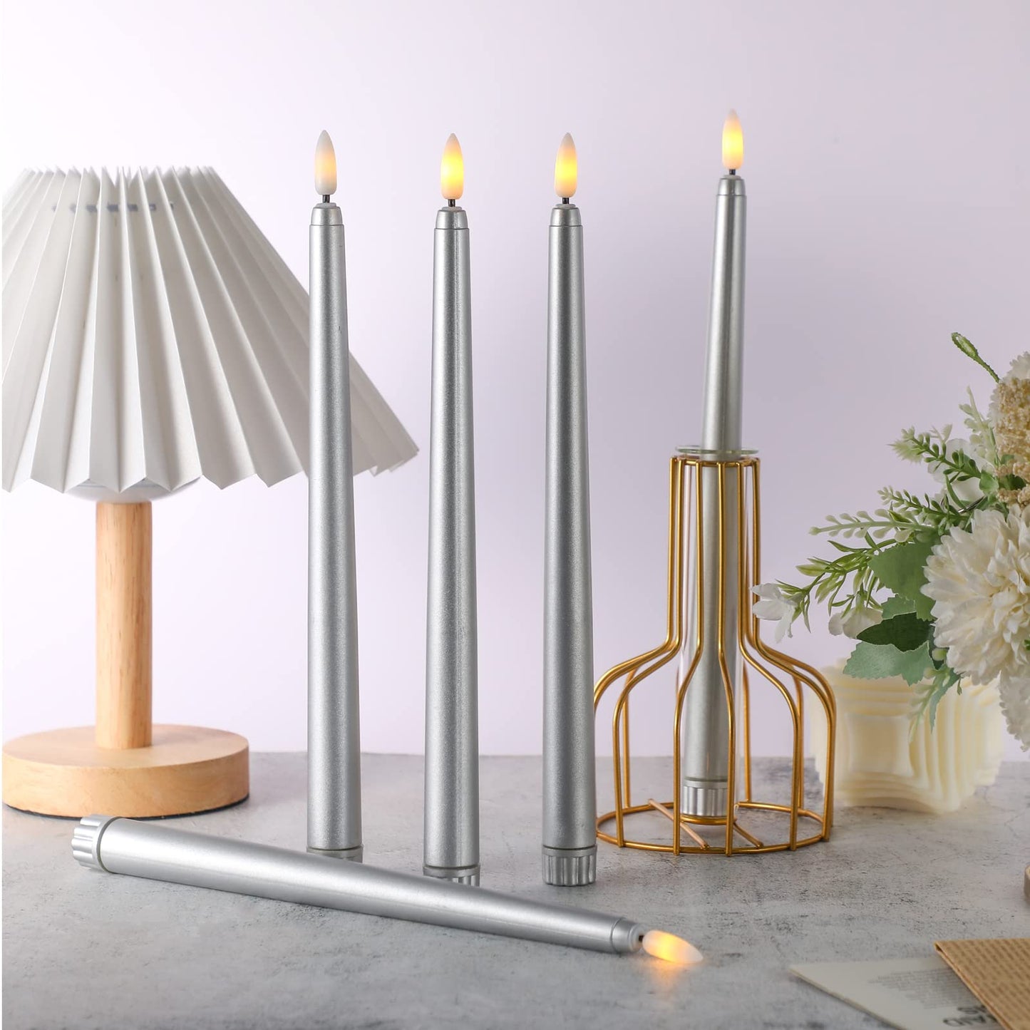 Macarrie 24 Packs Flameless Taper Candles Battery Operated Fake 11 Inch Long Candlelight LED Flameless Candlesticks Flickering Tapered for Spring Summer Wedding(Silver)
