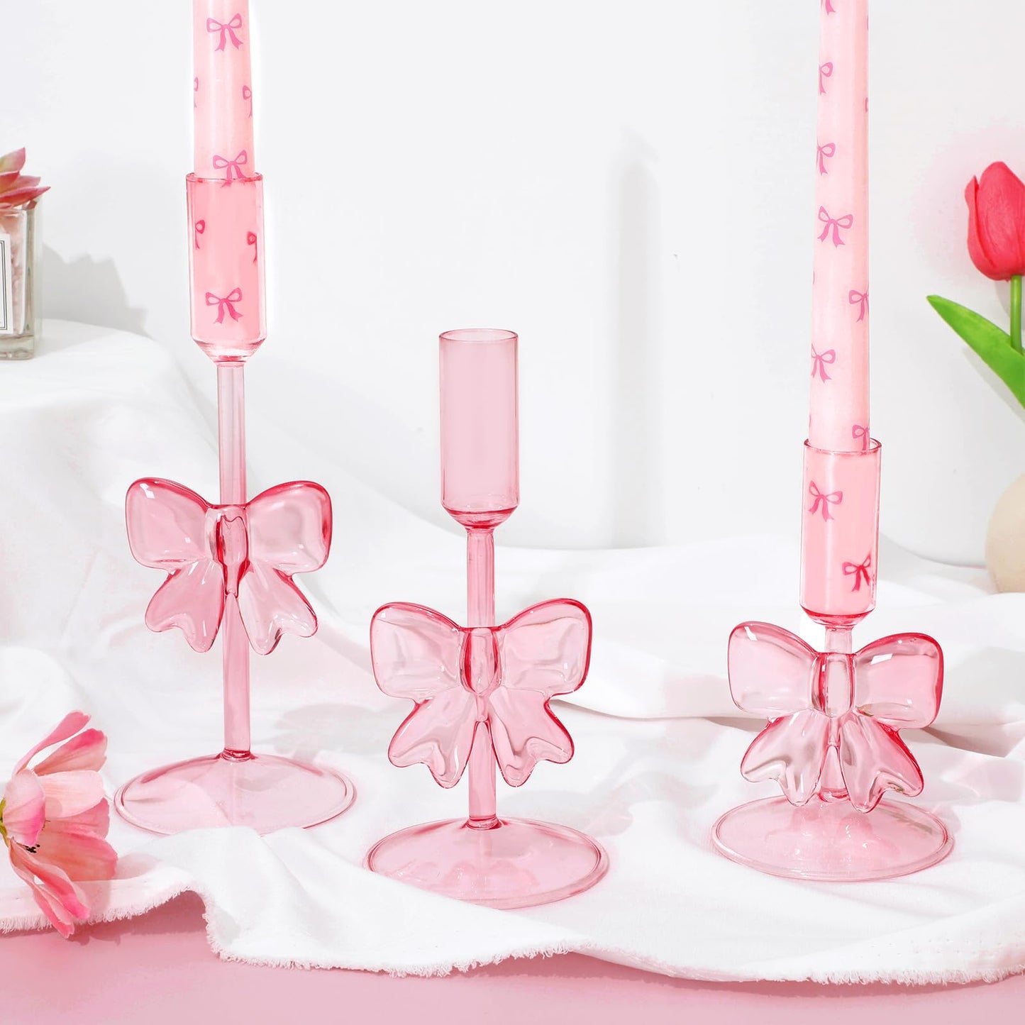 JarThenaAMCS 3Pcs Valentine's Day Glass Pink Bow Candle Holder Coquette Candle Stick Holder Stand for Home Room Party Dining Table Centerpiece Baby Shower Girls Birthday Decorations