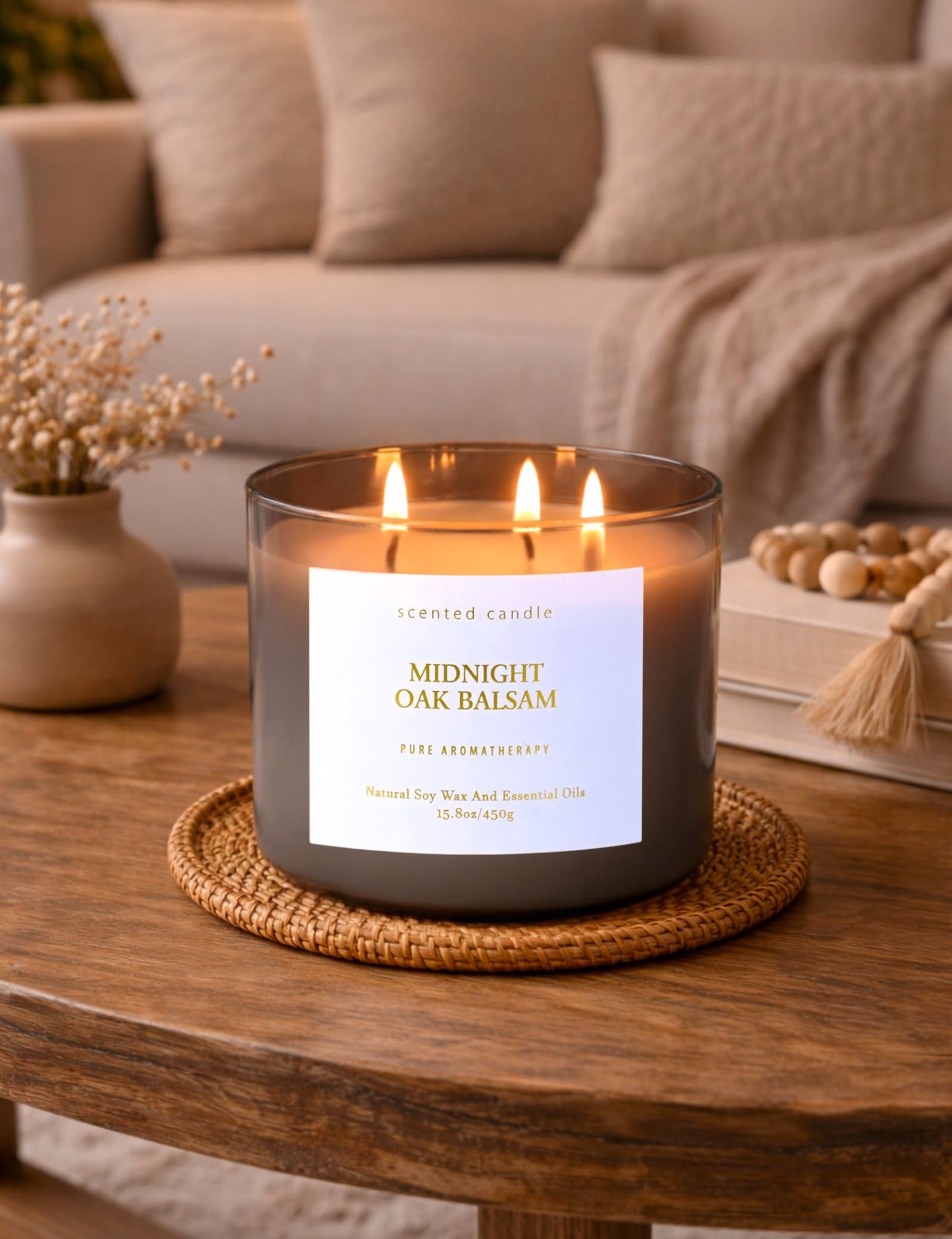 Midnight Oak Balsam 3-Wick Scented Candle | 15.8 oz Large Balsam Cedar Woodsy Soy Wax Candle for Home | Forest Calming Scented Candle | Clean Burning, Long Lasting | Candle Gift for Men & Women